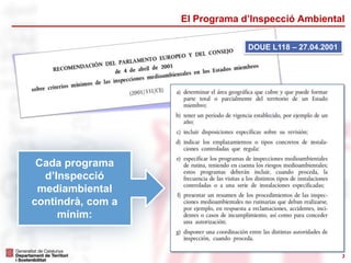 El Programa d’Inspecció Ambiental
DOUE L118 – 27.04.2001

Cada programa
d’Inspecció
mediambiental
contindrà, com a
mínim:
...