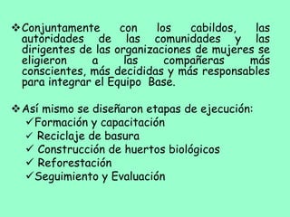 Conjuntamente con los cabildos, las
autoridades de las comunidades y las
dirigentes de las organizaciones de mujeres se
eligieron a las compañeras más
conscientes, más decididas y más responsables
para integrar el Equipo Base.
Así mismo se diseñaron etapas de ejecución:
Formación y capacitación
 Reciclaje de basura
 Construcción de huertos biológicos
 Reforestación
Seguimiento y Evaluación
 