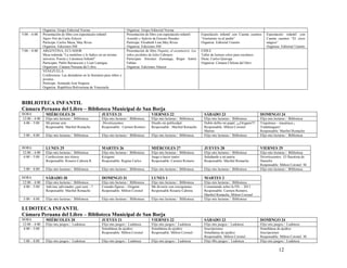 Organiza: Grupo Editorial Norma                             Organiza: Grupo Editorial Norma
5:00 – 6:00    Presentación de libro con espectáculo infantil              Presentación de libro con espectáculo infantil      Espectáculo infantil con Cuenta cuentos      Espectáculo infantil con
               Súper Peti de Carla Zolezzi                                 Arnaldo y Sefarín de Ernesto Paredes                “Gerónimo va al jardín”                      Cuenta cuentos “El circo
               Participa: Carlos Maza, May Rivas                           Participa: Elizabeth Lino,May Rivas                 Organiza: Editorial Uranito                  mágico”
               Organiza: Ediciones SM                                      Organiza: Ediciones SM                                                                           Organiza: Editorial Uranito
7:00 – 8:00    ARGENTINA, ECUADOR                                          Presentación de libro Pequito, el aventurero. Los   CHILE
               Mesa redonda “La metáfora y lo lúdico en un mismo           niños perdidos de Julio Cabrejos                    Taller de lectura veloz para escolares
               universo. Poesía y Literatura Infantil”                     Participan: Sócrates Zuzunaga, Róger Antón          Dicta: Carlos Quiroga
               Participan: Pablo Bernasconi y Liset Lantigua               Fabián                                              Organiza: Cámara Chilena del libro
               Organizan: Cámara Peruana del Libro.                        Organiza: Ediciones Altazor
               VENEZUELA
               Conferencia: Las dictaduras en la literatura para niños y
               jóvenes
               Participa: Armando José Sequera
               Organiza: República Bolivariana de Venezuela



BIBLIOTECA INFANTIL
Cámara Peruana del Libro – Biblioteca Municipal de San Borja
HORA             MIÉRCOLES 20                            JUEVES 21                          VIERNES 22                           SÁBADO 23                              DOMINGO 24
12:00 – 4:00     Elijo mis lecturas / Biblioteca         Elijo mis lecturas / Biblioteca    Elijo mis lecturas / Biblioteca      Elijo mis lecturas / Biblioteca        Elijo mis lecturas / Biblioteca
 4:00 – 5:00     Mi primer arte                          Diverticuentos                     Diseño mi publicidad                 Doblo doblo mi papel. ¡¡¡Origami!!!    Triquitraca – tracatraca ¡
                 Responsable: Maribel Remache            Responsable: Carmen Romero         Responsable : Maribel Remache        Responsable: Milton Coronel            Trabalenguas!
                                                                                                                                 Marino                                 Responsable: Maribel Remache
 5:00 – 8:00     Elijo mis lecturas / Biblioteca         Elijo mis lecturas / Biblioteca    Elijo mis lecturas / Biblioteca      Elijo mis lecturas / Biblioteca        Elijo mis lecturas / Biblioteca


HORA             LUNES 25                                MARTES 26                          MIÉRCOLES 27                         JUEVES 28                              VIERNES 29
12:00 – 4:00     Elijo mis lecturas / Biblioteca         Elijo mis lecturas / Biblioteca    Elijo mis lecturas / Biblioteca      Elijo mis lecturas / Biblioteca        Elijo mis lecturas / Biblioteca
 4:00 – 5:00     Confecciono mis títeres                 Kirigami                           Juego a hacer teatro                 Saludando a mi patria                  Diverticuentos: El flaustista de
                 Responsable: Rosario Cabrera R.         Responsable: Regina Carlos         Responsable: Carmen Romero.          Responsable: Maribel Remache           Hamelin
                                                                                                                                                                        Responsable: Milton Coronel M.
 5:00 – 8:00     Elijo mis lecturas / Biblioteca         Elijo mis lecturas / Biblioteca    Elijo mis lecturas / Biblioteca      Elijo mis lecturas / Biblioteca        Elijo mis lecturas / Biblioteca

HORA             SÁBADO 30                               DOMINGO 31                         LUNES 1                              MARTES 2
12:00 – 4:00     Elijo mis lecturas / Biblioteca         Elijo mis lecturas / Biblioteca    Elijo mis lecturas / Biblioteca      Elijo mis lecturas / Biblioteca
 4:00 – 5:00     Adivina, adivinador ¿qué será…?         Creando figuras – Origami          Me divierto con crucigramas          Comentando sobre la FIL – 2011
                 Responsable: Maribel Remache            Responsable: Milton Coronel        Responsable Rosario Cabrera          Responsable: Carmen Romero,
                                                                                                                                 Maribel Remache, Milton Coronel
 5:00 – 8:00     Elijo mis lecturas / Biblioteca         Elijo mis lecturas / Biblioteca    Elijo mis lecturas / Biblioteca      Elijo mis lecturas / Biblioteca

LUDOTECA INFANTIL
Cámara Peruana del Libro – Biblioteca Municipal de San Borja
HORA             MIÉRCOLES 20                            JUEVES 21                          VIERNES 22                           SÁBADO 23                              DOMINGO 24
12:00 – 4:00     Elijo mis juegos / Ludoteca             Elijo mis juegos / Ludoteca        Elijo mis juegos / Ludoteca          Elijo mis juegos / Ludoteca            Elijo mis juegos / Ludoteca
 4:00 – 5:00                                             Simultánea de ajedrez              Simultánea de ajedrez                Inscripciones                          Simultánea de ajedrez
                                                         Responsable: Milton Coronel        Responsable: Milton Coronel          Simultánea de ajedrez                  Inscripciones
                                                                                                                                 Responsable: Milton Coronel .          Responsable: Milton Coronel M.
 5:00 – 8:00     Elijo mis juegos / Ludoteca             Elijo mis juegos / Ludoteca        Elijo mis juegos / Ludoteca          Elijo Mis juegos / Ludoteca            Elijo mis juegos / Ludoteca

                                                                                                                                                                                    12
 
