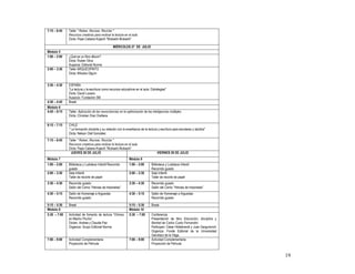 7:15 – 8:45   Taller " Releer, Recrear, Reciclar "
              Recursos creativos para motivar la lectura en el aula
              Dicta: Pepe Cabana Kojachi "Mukashi Mukashi"

                                                 MIÉRCOLES 27 DE JULIO
Módulo 5
1:00 – 2:00   ¿Qué es un libro álbum?
              Dicta: Ruben Silva
              Auspicia: Editorial Norma
2:00 – 3:30   Taller ARQUEOPINTO
              Dicta: Miluska Olguín


3:30 – 4:30   ESPAÑA
              "La lectura y la escritura como recursos educativos en el aula: Estrategias"
              Dicta: David Lozano
              Auspicio: Fundación SM
4:30 – 4:45   Break
Módulo 6
4:45 – 6:15   Taller: Aplicación de las neurociencias en la optimización de las inteligencias múltiples
              Dicta: Christian Díaz Orellana

6:15 – 7:15   CHILE
              " La formación docente y su relación con la enseñanza de la lectura y escritura para escolares y adultos"
              Dicta: Nelson Olaf González
7:15 – 8:45   Taller " Releer, Recrear, Reciclar "
              Recursos creativos para motivar la lectura en el aula
              Dicta: Pepe Cabana Kojachi "Mukashi Mukashi"
               JUEVES 28 DE JULIO                                                  VIERNES 29 DE JULIO
Módulo 7                                                     Módulo 9
1:00 – 2:00   Biblioteca y Ludoteca Infantil Recorrido       1:00 – 2:00       Biblioteca y Ludoteca Infantil
              guiado                                                           Recorrido guiado
2:00 – 3:30   Sala Infantil                                  2:00 – 3:30       Sala Infantil
              Taller de recorte de papel                                       Taller de recorte de papel
3:30 – 4:30   Recorrido guiado                               3:30 – 4:30       Recorrido guiado
              Salón del Cómic “Héroes de historietas”                          Salón del Cómic “Héroes de historietas”
4:30 – 5:15   Salón de Homenaje a Arguedas                   4:30 – 5:15       Salón de Homenaje a Arguedas
              Recorrido guiado                                                 Recorrido guiado

5:15 – 5:30   Break                                          5:15 – 5:30       Break
Módulo 8                                                     Módulo 10
5:30 – 7:00   Actividad de fomento de lectura “Chimoc        5:30 – 7:00       Conferencia
              en Machu Picchu”                                                 Presentación de libro Educación, disciplina y
              Dictan: Andrea y Claudia Paz                                     libertad de Carlos Cueto Fernandini
              Organiza: Grupo Editorial Norma                                  Participan: César Hildebrandt y Juan Gargurevich
                                                                               Organiza: Fonde Editorial de la Universidad
                                                                               Garcilazo de la Vega.
7:00 – 9:00   Actividad Complementaria                       7:00 – 9:00       Actividad Complementaria
              Proyección de Película                                           Proyección de Película


                                                                                                                                  19
 