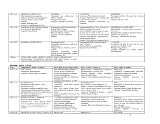5:30 – 6:45   ARGENTINA, CHILE, PERÚ                        COLOMBIA                                     VENEZUELA                                       COLOMBIA
              Mesa redonda de artistas gráficos             Presentación de publicaciones        de      Conferencia “Plan Editorial del ALBA”           Presentación de libro Pirotecnia Pop de Julián
              “El humor política y la narrativa gráfica”    Editores S. Patiño                           Participan: Christhian Valles. Presidenta del   Silva Puentes
              Participan: Sergio Langer, Gonzalo            Participa: Silvia Patiño                     Centro Nacional del Libro                       Organiza: Ediciones Zenú
              Martínez                                      Organiza: Embajada de Colombia               Organiza:    República     Bolivariana     de
              Modera: Benjamín Corzo                                                                     Venezuela
              Organiza: Cámara Peruana del Libro
7:00 – 8:00   Presentación de libro La nueva revolución     Presentación de libro Como aman ellos        Presentación de libro El virrey Francisco de    COLOMBIA, ECUADOR, PERÚ
              de las grasas de Sacha Barrios                de Rosa María Cifuentes                      Toledo y su tiempo. Proyecto de                 Mesa redonda: “Literatura, canon y relaciones
              Organiza: Grupo Planeta                       Participan: Cristian Rivero, Gonzalo         gobernabilidad, el imperio hispano, la plata    Norte-Sur”
                                                            Revoredo, Marisol Tobalina.                  peruana en la economía-mundo y el               Participan: Mario Mendoza, Alejandro Moreano
                                                            Organiza: Grupo Editorial Mesa               mercado colonial de Javier Tantaleán Arbulú     y Pierre Emile Vandoorne
                                                            Redonda                                      Participan: Pablo Macera, Carlos Contreras,     Organizan: Cámara Peruana del Libro
                                                                                                         Juan de la Puente Mejía
                                                                                                         Organiza: Universidad San Martín de Porres
8:15– 9:15    ANTESALA DE CONCIERTO                      Presentación de libro                           Presentación de libro Hombres de mar de         TURQUÍA
                                                         Desigualdad, legitimación y conflicto de        Oscar Colchado                                  Presentación de libro El jardín de los gatos
                                                         Anahí Durand                                    Participa: Ricardo González Vigil               desaparecidos de Bilge Karasu
                                                         Participan: Carmen Ilizarbe, Carlos de          Organiza: Grupo Santillana                      Participa: Muge Sokmen
                                                         los Ríos                                                                                        Organiza: Embajada de Turquía, Editorial
                                                         Organizan:      Universidad      Alberto                                                        Estruendomudo
                                                         Hurtado de Chile,Universidad Antonio
                                                         Ruiz de Montoya, IEP
9:00 p.m.     LA NOCHE DE JAPÓN: “MÚSICA, CANTOS Y DANZAS DE OKINAWA”
              Participan: Haisai Uchina, Ryu Kyu Koku Matsuri Daiko, Erica Yonamine y su elenco.
              Organizan: Embajada de Japón, Asociación Okinawense del Perú

SÁBADO 23 DE JULIO
HORA          AUDITORIO CÉSAR VALLEJO                           SALA JOSÉ MARÍA ARGUEDAS                   SALA BLANCA VARELA                                SALA CIRO ALEGRÍA
3:00 – 3:50   1:00 – 3:00 p.m.                                  Mesa redonda alrededor del libro El        Informe sobre la Investigación Científica y       VENEZUELA
              Encuentro de geniogramistas                       proyecto de gas de camisea y el            Tecnológica en la UNI 2001-2010                   Conferencia “Colombeia Digital, archivo del
              Organiza: Empresa Editora El comercio             exterminio de los pueblos indígenas        Participa: Emerson Collado Domínguez,             Generalísimo Francisco de Miranda”
                                                                peruanos de Linda Lema                     Álvaro Montaño Freire                             Dicta: Carmen Bohórquez
                                                                Participan: César Lévano, Saúl Puerta,     Organiza: Universidad Nacional de Ingeniería      Organiza:    República    Bolivariana    de
                                                                Roger Rumrill.                                                                               Venezuela
                                                                Organiza: Cámara Peruana del Libro
4:00 – 5:15   REGIÓN CUSCO                                      VENEZUELA                                  ECUADOR, PERÚ                                     CHILE
              Presentación de libro Espinar, la otra            Conferencia “Andrés Bello, nuestro         Recital poético: “Palabras para abrir un          Presentación de libro Por fuera del placer de
              maravilla del Cusco                               desconocido”                               mundo” Participan: Evelyn Pacheco, Giovanni       Manuel Martínez
              Participan: Presidente regional del Cusco,        Dicta: Luis Alberto Crespo (Pdte.          Bayas, Marialuz Albuja Bayas, Javier Hidalgo,     Participan: Manuel Vargas, Romina Buso
              Gerente general Regional del Cusco, Manolo        Casa Nacional de las Letras Andrés         Lucero Llanos Orellana                            Organiza: Cámara Chilena del Libro
              del Castillo, Rector de la Universidad Nacional   Bello)                                     Organizan: Embajada de Ecuador y Grupo
              San Antonio de Abad del Cusco                     Organiza: República Bolivariana de         Literario Buseta de Papel
              Organiza: Graph Ediciones                         Venezuela
5:30 – 6:45   REGIÓN ANCASH – CHIMBOTE                          COLOMBIA, MARRUECOS, PERÚ                  Presentación de libro Entre la escuela y a        VENEZUELA
              Recital de poesía chimbotana                      Conferencia “Presencia árabe en la         supervivencia: Trabajo adolescente y              Presentación de los libros Peregrinaciones
              Participan: Juan Lucano, Ricardo Ayllón,          literatura latinoamericana”                dinámicas familiares en Lima de Robin             de una paria de Flora Tristán y Llanto entre
              Denisse Vega Farfán, César Quispe Ramírez.        Dicta: Oumama Aouad Lahrech                Cavagnoud                                         Paredes de Jorge Luis Alfonzo (Editorial El
                                                                (Embajadora de Marruecos)                  Oranizan: IFEA, IEP y Fundación Telefónica        perro y la rana)
              Organiza: Centro Cultural Centenario de
                                                                Panelista: Jaidith Soto Caraballo.                                                           Participa: William Osuna
              Chimbote
                                                                Organiza: Cámara Peruana del Libro                                                           Organiza:     República    Bolivariana    de
                                                                                                                                                             Venezuela
7:00 – 8:00   Presentación de libro Poemas completos de         ARGENTINA                                  VENEZUELA                                         ECUADOR
                                                                                                                                                                                    3
 