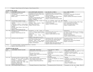 Organiza: Cámara Peruana del Perú Organiza: Cámara Peruana del Perú

LUNES 25 DE JULIO
HORA          AUDITORIO CÉSAR VALLEJO                        SALA JOSÉ MARÍA ARGUEDAS                   SALA BLANCA VARELA                                SALA CIRO ALEGRÍA
4:00 – 5:15   Espectáculo artístico de danza                 Presentación de libro Las mujeres en la    Presentación de libro Concierto poético a         VENEZUELA
              “Los Capolares”                                Independencia de América Latina. Sara      capella de las escritoras peruanas de 1900 a      Conversatorio “Clase media y Revolución”
              Organiza: Escuela de Periodismo Jaime          Beatriz Guardia (Edición y                 1960 de Lady Rojas                                Participa: Carola Chávez
              Bausate y Meza                                 compilación).                              Participan: Atala Matellini, Marita Troiano,      Organiza: República Bolivariana de Venezuela
                                                             Participan: Carmen Bohorquez, Antonio      Ana María García,Sophie Lavoie.
                                                             Zapata y Diana Miloslavich Túpac           Organiza: Concordia University de Canadá
                                                             Organiza: CEMHAL
5:30 – 6:45   Ciclo Homenaje "Calandria de fuego:            Presentación de libro Caronte de           Foro de discusión acerca del libro                BRASIL
              Creadores contemporáneos en diálogo con        Eduardo Leyton                             Competitividad y Desarrollo: Evolución y          Conferencia “Euclides D’Acunha y Mario Vargas
              Arguedas"                                      Participan: Arturo Corcuera, Miguel        Perspectivas Recientes                            Llosa: La guerra del fin del mundo”
              “Integración y conflicto”. Lectura artística   ángel Zapata, Harold Alva                  Organiza: CENTRUM Católica                        Dicta: Carlos Alfredo Lazary Teixeira
              de fragmentos de la obra de José María         Organiza: Ediciones Altazor                                                                  Organiza: Embajada de Brasil
              Arguedas”
              Participan: Diana Collazos, Carlos Estela,
              César Romero.
              Organiza: Cámara Peruana del Libro
7:00 – 8:00   Homenaje de la Cámara Peruana del Libro        Presentación de libro Cajones de           ITALIA                                            VENEZUELA
              a Oswaldo Reynoso                              memoria. La historia reciente del Perú a   Presentación de libro El padre Pío, su voz su     Presentación del libro Memorias de la Insurgencia
              Organiza: Cámara Peruana del Libro             través de los retablos andinos de María    historia de Filippo Anastasi                      del Archivo General de la Nación y el Centro
                                                             Eugenia Ulfe                               Organiza: Instituto Italiano de Cultura           Nacional de Historia
                                                             Participan: Gisela Cánepa, Olga                                                              Participa: Carmen Bohórquez
                                                             González                                                                                     Organiza: República Bolivariana de Venezuela
                                                             Organiza: Fondo Editorial de la PUCP
8:15 – 9:15   ANTESALA DE CONCIERTO                          Presentación de libro Las aventuras de     Presentación de libro “¿He vivido en vano?”       Presentación de libro El idiota de mi ex vuelve al
                                                             Súper manco de Renato Farfán               Mesa redonda sobre Todas las sangres de           ataque de Darío Carpio
                                                             Participan: Ismael Cerna, Fernando         José María Arguedas (junio 1965) de               Participan: Javier Arévalo, Piero Montaldo
                                                             Franco, Gonzalo Torres, Cinthia Cerna      Guillermo Rochabrún (editor)                      Organiza: Azul Editores
                                                             Organiza: Zeta Bookstore                   Participan: Mirko Lauer, Juan Carlos Ubilluz
                                                                                                        Organiza: Instituto de Estudios Peruanos
9:00 p.m.     LA NOCHE DE PERÚ: LUCHO QUEQUESANA – KUNTUR
              Organiza: Cámara Peruana del Libro

MARTES 26 DE JULIO
HORA          AUDITORIO CÉSAR VALLEJO                          JOSÉ MARÍA ARGUEDAS                             SALA BLANCA VARELA                           SALA CIRO ALEGRÍA
4:00 – 5:15                                                    Presentación de revista Cultura Sur Vol. I Nº   TAIWÁN                                       Presentación de libro El umbral de las
                                                               2                                               Demostración de Arte de té, caligrafía y     confluencias de Martín Valcárcel
                                                               Participan: Percy Encinas                       pintura china.                               Participan: Daniel Zúñiga-Rivera, Juan Carlos
                                                               Organiza: Fondo Editorial de la Universidad     Presenta:                                    Lázaro
                                                               Científica del Sur                              Organiza: Oficina Económica y Cultural       Organiza: Editorial Arkabas
                                                                                                               de Taipei
5:30 – 6:45   Presentación de libros de Ediciones Altazor:     CHILE, ESPAÑA, PERÚ                             Presentación de libro                        BRASIL
              Del otro lado de la ventana de Augusto           Mesa redonda de narrativa latinoamericana       El hijo del Embajador de Francisco           Conferencia “Las aventuras culturales de un
              Rodríguez; y Disidentes. Antología de            Arturo Fontaine, David Lozano                   Gonzáles                                     diplomático peruano en Brasil: Entre anticuchos
              narradores de Gabriel Ruíz Ortega                Organiza: Cámara Peruana del libro              Organiza: Fondo de Cultura Económica         y bossa nova”
              Participan: Augusto Higa, Alina Gadea,                                                           del Perú                                     Dicta: Jorge Colunge
              Rossana Díaz, Harold Alva                                                                                                                     Organiza: Embajada de Brasil
              Organiza: Ediciones Altazor
7:00 – 8:00   Mesa redonda alrededor del libro La              Homenaje Póstumo de la Cámara Peruana           Presentación de libro El laberitno del       Presentación de libro Lima Antigua. Tipos de

                                                                                                                                                                                       5
 