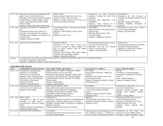 5:30 – 6:45   Presentación de la colección Sobrenatural del    CHILE, PERÚ                                       Presentación de libro Educación              VENEZUELA
              diario Correo y ReCreo. Plan Lector              Recital de poesía: Raúl Zurita, Omar Lara,        disciplina y libertad de Carlos Cueto        Presentación del libro Passarola de
              Participan: Javier Arévalo, Gustavo Rodríguez,   Antonio Cisneros y Arturo Corcuera.               Fernandini                                   Armando José Sequera (Editorial El perro
              Enrique Planas, Fernando Ampuero, Dante          Organiza: Consejo Nacional de la Cultura y de     Participan: Juan Gargurevich, César          y la rana)
              Castro, Jorge Eduardo Benavides, Rodrigo         las Artes del Gobierno de Chile                   Hildebrandt                                  Participa: Armando José Sequera
              Núñez Carvallo.                                                                                    Organiza: Fondo Editorial de la              Organiza: República Bolivariana de
              Organiza: Empresa Periodística Nacional S.A.                                                       Universidad Garcilaso de la Vega             Venezuela
7:00 – 8:00   Homenaje a Juan Pablo II, el peregrino de la     Presentación de libro Los Peruanos de Constante   COLOMBIA                                     Presentación de libro Cómo cambiar y
              paz                                              Traverso Flores                                   Diálogo entre las revistas Malpensante y     crecer de Harold Moskovitz
              Presentación de libros Juan Pablo II. La         Participan: Chema Salcedo, Arturo Álvarez         Etiqueta Negra                               Organiza: Ediciones Help!
              biografía y El continente de mi esperanza        Rodrich                                           Participan: Mario Jursich y Julio
              Participan: Pedro Hidalgo, Luis Peirano y Luis   Organiza: Librerías Crisol                        Villanueva Chang.
              Enrique Ascoy                                                                                      Organiza: Embajada de Colombia
              Organiza: Editorial San Pablo

8:15 – 9:15   ANTESALA DE CONCIERTO                         REGIÓN LORETO                                 Presentación de libro Estrellas en sexos            VENEZUELA
                                                            Presentación de libro Mario Vargas Llosa, de caracol de Gavril Prinzip                            Presentación de publicaciones de Belkys
                                                            entrevistas escogidas de Jorge Coaguila y El Participan: Tilsa Otta, Luis Fernando                Arredondo y Eleonora Requena
                                                            búho de Queen Gardens Street de Miguel Chueca, Victoria Guerrero                                  Organizan: El Taller del Pez Soluble,
                                                            Donayre Pinedo                                Organiza: Librería Inestable                        Cámara Peruana del Libro
                                                            Participan: Percy Vílchez Vela, Jaime Vásquez
                                                            Valcárcel, Alfonso Rodríguez Angulo.
                                                            Organiza: Tierra Nueva Editores
9:00 p.m.     LA NOCHE DE ECUADOR: CONCIERTO BINACIONAL: PRESENTACIÓN DEL DISCO “DE LA MISMA SANGRE”
              Participan: Susana Baca y Papá Roncón.
              Organizan: Embajada de Ecuador y Cámara Peruana del Libro

SÁBADO 30 DE JULIO
HORA          AUDITORIO CÉSAR VALLEJO               SALA JOSÉ MARÍA ARGUEDAS                                 SALA BLANCA VARELA                             SALA CIRO ALEGRÍA
4:00 – 5:15   Presentación y lanzamiento del        ARGENTINA, ECUADOR, VENEZUELA, PERÚ                      ECUADOR                                        BRASIL
              catálogo de "Casa Katatay"            Recital de poesía “Las voces de Lilith”                  Recital poético binacional: “Palabra sin       Conferencia “El idioma portugués:
              Taller Sub Verso de Giancarlo         Participan: Rosario Aquim, Marianela Cabrera, María      fronteras”                                     Instrumento de integración entre Brasil
              Huapaya y Mares de Diego Lazarte      Luisa del Río, Aleyda Quevedo, Eleonora Requena,         Participa: Cecilia Podestá, Javier Lara,       y Perú”.
              Participan: Rocío Castro Morgado,     Gabriela Robledo, Jennifer Thorndike, Ely Zamora,        César Eduardo Carrión                          Dicta : Adriana Domenico
              Paul Guillén y Frido Martin           Melissa Ghezzi                                           Organiza: Embajada de Ecuador y Cámara         Organiza: Embajada de Brasil
              Organiza: ENEUPE                      Presenta: Claudia Salazar                                Peruana del Libro
              (EstaNoEsUnaPutaEditorial)            Organiza: Esparta Editores
5:30 – 6:45   Presentación de libro infantil El     ARGENTINA, MÉXICO, PERÚ                                  COLOMBIA                                       Presentación de libro Resto que no cesa
              árbol del tesoro de Alonso Cueto      Mesa redonda sobre experiencias de Gestión Cultural      Presentación de libro El fantasma de Iván      de insistir de Julián Pérez
              Organiza: Grupo Planeta               Participan: Laura Niembro (FIL Guadalajara),             y otras culpas de Paloma Valencia              Participan: Ricardo González Vigil,
                                                    Washington Cucurto (Eloísa Cartonera) y Doris            Laserna                                        Santiago López Maguiña, Jonathan
                                                    Moromisato (Cámara Peruana del Libro)                    Organizan: Borrador Editores, Cámara           Timaná
                                                    Organiza: Cámara Peruana del Libro                       Peruana del Libro                              Organiza: Atalaya Editores
7:00 – 8:00   PERÚ, CHILE                           VENEZUELA                                                MÉXICO                                         Presentación de libro Cartas desde la
              Presentación de libro El joven        Conferencia “Biblioteca Ayacucho: lo fundamental del     Presentación de Cristina Rivera Garza          azotea de Domingo de Ramos
              nostálgico de Pedro Canelo y          pensamiento y cultura de América Latina y el Caribe”     Organizan: Embajada de México, Cámara          Participan: Oswaldo Reynoso, Carlos
              musicalización a cargo del Capitán    Participan: Humberto Mata. Presidente de la Fundación    Peruana del Libro                              Calderón Fajardo, Julio León.
              Memo                                  Biblioteca Ayacucho                                                                                     Organiza: Grupo Editorial Mesa
              Organiza: Editorial Estruendomudo,    Organiza: República Bolivariana de Venezuela                                                            Redonda
              Cámara Peruana del Libro
8:15 – 9:15   ANTESALA DE CONCIERTO                 COLOMBIA                                                 Presentación de las obras ganadoras de las     Presentación de libro Kafka. Tres
                                                    Presentación de libro El hombre que murió la víspera     XIV Bienal de poesía y II Bienal de            historias de Carlos Calderón Fajardo
                                                    de Sergio Ocampo Madrid                                  Novela “Premio Copé Internacional 2009”        Participan: Augusto Rodríguez, Roger
                                                                                                                                                                                   8
 