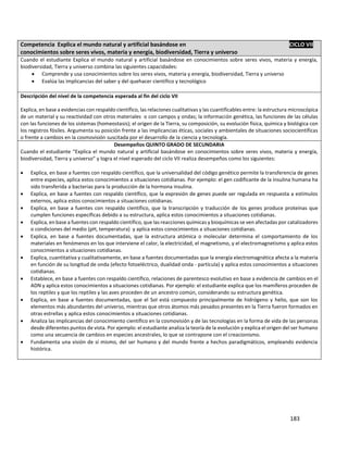 183
Competencia Explica el mundo natural y artificial basándose en CICLO VII
conocimientos sobre seres vivos, materia y energía, biodiversidad, Tierra y universo
Cuando el estudiante Explica el mundo natural y artificial basándose en conocimientos sobre seres vivos, materia y energía,
biodiversidad, Tierra y universo combina las siguientes capacidades:
 Comprende y usa conocimientos sobre los seres vivos, materia y energía, biodiversidad, Tierra y universo
 Evalúa las implicancias del saber y del quehacer científico y tecnológico
Descripción del nivel de la competencia esperada al fin del ciclo VII
Explica, en base a evidencias con respaldo científico, las relaciones cualitativas y las cuantificables entre: la estructura microscópica
de un material y su reactividad con otros materiales o con campos y ondas; la información genética, las funciones de las células
con las funciones de los sistemas (homeostasis); el origen de la Tierra, su composición, su evolución física, química y biológica con
los registros fósiles. Argumenta su posición frente a las implicancias éticas, sociales y ambientales de situaciones sociocientíficas
o frente a cambios en la cosmovisión suscitada por el desarrollo de la ciencia y tecnología.
Desempeños QUINTO GRADO DE SECUNDARIA
Cuando el estudiante “Explica el mundo natural y artificial basándose en conocimientos sobre seres vivos, materia y energía,
biodiversidad, Tierra y universo” y logra el nivel esperado del ciclo VII realiza desempeños como los siguientes:
 Explica, en base a fuentes con respaldo científico, que la universalidad del código genético permite la transferencia de genes
entre especies, aplica estos conocimientos a situaciones cotidianas. Por ejemplo: el gen codificante de la insulina humana ha
sido transferida a bacterias para la producción de la hormona insulina.
 Explica, en base a fuentes con respaldo científico, que la expresión de genes puede ser regulada en respuesta a estímulos
externos, aplica estos conocimientos a situaciones cotidianas.
 Explica, en base a fuentes con respaldo científico, que la transcripción y traducción de los genes produce proteínas que
cumplen funciones específicas debido a su estructura, aplica estos conocimientos a situaciones cotidianas.
 Explica, en base a fuentes con respaldo científico, que las reacciones químicas y bioquímicas se ven afectadas por catalizadores
o condiciones del medio (pH, temperatura) y aplica estos conocimientos a situaciones cotidianas.
 Explica, en base a fuentes documentadas, que la estructura atómica o molecular determina el comportamiento de los
materiales en fenómenos en los que interviene el calor, la electricidad, el magnetismo, y el electromagnetismo y aplica estos
conocimientos a situaciones cotidianas.
 Explica, cuantitativa y cualitativamente, en base a fuentes documentadas que la energía electromagnética afecta a la materia
en función de su longitud de onda (efecto fotoeléctrico, dualidad onda - partícula) y aplica estos conocimientos a situaciones
cotidianas.
 Establece, en base a fuentes con respaldo científico, relaciones de parentesco evolutivo en base a evidencia de cambios en el
ADN y aplica estos conocimientos a situaciones cotidianas. Por ejemplo: el estudiante explica que los mamíferos proceden de
los reptiles y que los reptiles y las aves proceden de un ancestro común, considerando su estructura genética.
 Explica, en base a fuentes documentadas, que el Sol está compuesto principalmente de hidrógeno y helio, que son los
elementos más abundantes del universo, mientras que otros átomos más pesados presentes en la Tierra fueron formados en
otras estrellas y aplica estos conocimientos a situaciones cotidianas.
 Analiza las implicancias del conocimiento científico en la cosmovisión y de las tecnologías en la forma de vida de las personas
desde diferentes puntos de vista. Por ejemplo: el estudiante analiza la teoría de la evolución y explica el origen del ser humano
como una secuencia de cambios en especies ancestrales, lo que se contrapone con el creacionismo.
 Fundamenta una visión de sí mismo, del ser humano y del mundo frente a hechos paradigmáticos, empleando evidencia
histórica.
 