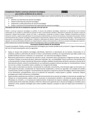 189
Competencia Diseña y construye soluciones tecnológicas CICLO VII
para resolver problemas de su entorno
Cuando el estudiante Diseña y construye soluciones tecnológicas para resolver problemas de su entorno combina las siguientes
capacidades:
 Delimita una alternativa de solución tecnológica
 Diseña la alternativa de solución tecnológica
 Implementa y valida alternativas de solución tecnológica
 Evalúa y comunica el funcionamiento de la alternativa de solución tecnológica
Descripción del nivel de la competencia esperada al fin del ciclo VII
Diseña y construye soluciones tecnológicas al justificar el alcance del problema tecnológico, determinar la interrelación de los factores
involucrados en él y justificar su alternativa de solución en base a conocimientos científicos. Representa la alternativa de solución a través de
esquemas o dibujos estructurados a escala, con vistas y perspectivas, incluyendo sus partes o etapas. Establece características de forma,
estructura, función y explica el procedimiento, los recursos para implementarlas, así como las herramientas y materiales seleccionados. Verifica
el funcionamiento de la solución tecnológica considerando los requerimientos, detecta error en la selección de materiales, imprecisiones en las
dimensiones y procedimientos y realiza ajustes o rediseña su alternativa de solución. Explica el conocimiento científico y el procedimiento
aplicado, así como las dificultades del diseño y la implementación, evalúa su funcionamiento, la eficiencia y propone estrategias para mejorarlo.
Infiere impactos de la solución tecnológica y elabora estrategias para reducir los posibles efectos negativos.
Desempeños QUINTO GRADO DE SECUNDARIA
Cuando el estudiante “Diseña y construye soluciones tecnológicas para resolver problemas de su entorno” y logra el nivel esperado
del ciclo VII realiza desempeños como los siguientes:
 Explica el alcance del problema tecnológico identificado, determina la interrelación de los factores involucrados en el
problema, justifica su alternativa de solución en base a conocimientos científicos, los requerimientos que debe cumplir y los
posibles beneficios directos e indirectos, en comparación con soluciones tecnológicas similares.
 Representa gráficamente su alternativa de solución a escala, incluyendo vistas y perspectivas o diagramas de flujo, describe
sus partes o etapas, la secuencia de pasos, selecciona materiales por sus propiedades físicas y químicas y herramientas por
su funcionamiento. En base a fuentes de información confiable, establece características de forma, estructura y función de la
alternativa de solución, estima la incertidumbre en sus mediciones y propone maneras de probar su funcionamiento, incluye
los recursos a utilizar, los posibles costos y establece un cronograma de trabajo.
 Lleva a cabo su alternativa de solución, manipulando los materiales, instrumentos y herramientas según sus funciones con
cierto grado de precisión, considerando los requerimientos establecidos y normas de seguridad. Usa unidades de medida
convencionales y verifica el rango de funcionamiento de cada parte o etapa de la solución tecnológica, detecta imprecisiones
en las dimensiones, procedimientos, error en la selección de materiales y realiza ajustes o cambios necesarios. Elabora
estrategias para medir la eficiencia y confiabilidad.
 Realiza pruebas repetitivas para verificar el rango de funcionamiento de la solución tecnológica y menciona las variables que
influyen en su funcionamiento, explica cómo la construyó, el conocimiento científico o las prácticas locales aplicadas, las
dificultades en el diseño y en el proceso de implementación, fundamenta las mejoras realizadas y explica los efectos de la
transformación de los materiales utilizados e infiere los efectos de la aplicación de la solución tecnológica en el ámbito social,
ambiental y ético, propone estrategias para reducir posibles impactos y propone un plan de mejora para incrementar su
eficiencia.
 