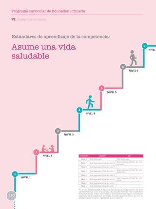 1
2
3
6
4
7
5
NIVEL 1
NIVEL 2
NIVEL 3
NIVEL 4
NIVEL 5
NIVEL 6
NIVEL
ESTÁNDARES EBR/EBE* EBA
Nivel 8 Nivel destacado Nivel destacado
Nivel 7 Nivel esperado al final del ciclo VII
Nivel esperado al final del ciclo
avanzado
Nivel 6 Nivel esperado al final del ciclo VI
Nivel 5 Nivel esperado al final del ciclo V
Nivel esperado al final del ciclo
intermedio
Nivel 4 Nivel esperado al final del ciclo IV
Nivel 3 Nivel esperado al final del ciclo III
Nivel esperado al final del ciclo
Inicial
Nivel 2 Nivel esperado al final del ciclo II
Nivel 1 Nivel esperado al final del ciclo I
*En el caso de la modalidad de Educación Básica Especial, los estudiantes con disca-
pacidad intelectual severa o no asociada a discapacidad tienen los mismos estándares
de aprendizaje que reciben los estudiantes la Educación Básica Regular. La institución
educativa y el Estado garantizan los medios, recursos y apoyos necesarios, así como las
adaptaciones curriculares y organizativas que se requieren.
Estándares de aprendizaje de la competencia:
Asume una vida
saludable
VI. Áreas curriculares
118
Programa curricular de Educación Primaria
 