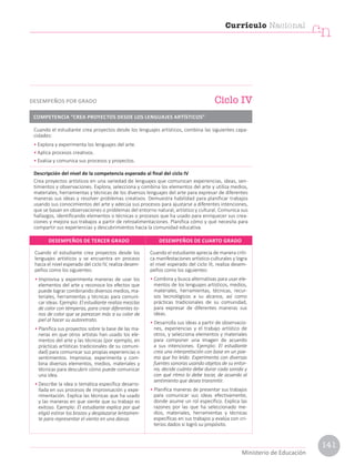 Cuando el estudiante crea proyectos desde los
lenguajes artísticos y se encuentra en proceso
hacia el nivel esperado del ciclo IV, realiza desem-
peños como los siguientes:
• Improvisa y experimenta maneras de usar los
elementos del arte y reconoce los efectos que
puede lograr combinando diversos medios, ma-
teriales, herramientas y técnicas para comuni-
car ideas. Ejemplo: El estudiante realiza mezclas
de color con témperas, para crear diferentes to-
nos de color que se parezcan más a su color de
piel al hacer su autoretrato.
• Planifica sus proyectos sobre la base de las ma-
neras en que otros artistas han usado los ele-
mentos del arte y las técnicas (por ejemplo, en
prácticas artísticas tradicionales de su comuni-
dad) para comunicar sus propias experiencias o
sentimientos. Improvisa, experimenta y com-
bina diversos elementos, medios, materiales y
técnicas para descubrir cómo puede comunicar
una idea.
• Describe la idea o temática específica desarro-
llada en sus procesos de improvisación y expe-
rimentación. Explica las técnicas que ha usado
y las maneras en que siente que su trabajo es
exitoso. Ejemplo: El estudiante explica por qué
eligió estirar los brazos y desplazarse lentamen-
te para representar el viento en una danza.
Cuando el estudiante aprecia de manera críti-
ca manifestaciones artístico-culturales y logra
el nivel esperado del ciclo III, realiza desem-
peños como los siguientes:
• Combina y busca alternativas para usar ele-
mentos de los lenguajes artísticos, medios,
materiales, herramientas, técnicas, recur-
sos tecnológicos a su alcance, así como
prácticas tradicionales de su comunidad,
para expresar de diferentes maneras sus
ideas.
• Desarrolla sus ideas a partir de observacio-
nes, experiencias y el trabajo artístico de
otros, y selecciona elementos y materiales
para componer una imagen de acuerdo
a sus intenciones. Ejemplo: El estudiante
crea una interpretación con base en un poe-
ma que ha leído. Experimenta con diversas
fuentes sonoras usando objetos de su entor-
no, decide cuánto debe durar cada sonido y
con qué ritmo lo debe tocar, de acuerdo al
sentimiento que desea transmitir.
• Planifica maneras de presentar sus trabajos
para comunicar sus ideas efectivamente,
donde asume un rol específico. Explica las
razones por las que ha seleccionado me-
dios, materiales, herramientas y técnicas
específicas en sus trabajos y evalúa con cri-
terios dados si logró su propósito.
DESEMPEÑOS DE TERCER GRADO DESEMPEÑOS DE CUARTO GRADO
Cuando el estudiante crea proyectos desde los lenguajes artísticos, combina las siguientes capa-
cidades:
• Explora y experimenta los lenguajes del arte.
• Aplica procesos creativos.
• Evalúa y comunica sus procesos y proyectos.
Descripción del nivel de la competencia esperado al final del ciclo IV
Crea proyectos artísticos en una variedad de lenguajes que comunican experiencias, ideas, sen-
timientos y observaciones. Explora, selecciona y combina los elementos del arte y utiliza medios,
materiales, herramientas y técnicas de los diversos lenguajes del arte para expresar de diferentes
maneras sus ideas y resolver problemas creativos. Demuestra habilidad para planificar trabajos
usando sus conocimientos del arte y adecúa sus procesos para ajustarse a diferentes intenciones,
que se basan en observaciones o problemas del entorno natural, artístico y cultural. Comunica sus
hallazgos, identificando elementos o técnicas o procesos que ha usado para enriquecer sus crea-
ciones y mejora sus trabajos a partir de retroalimentaciones. Planifica cómo y qué necesita para
compartir sus experiencias y descubrimientos hacia la comunidad educativa.
COMPETENCIA “CREA PROYECTOS DESDE LOS LENGUAJES ARTÍSTICOS”
Ciclo IV
DESEMPEÑOS POR GRADO
Currículo Nacional
cn
Ministerio de Educación
141
 
