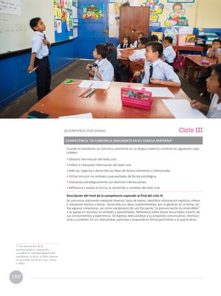 17 La adecuación de la
pronunciación y entonación
considera la variedad dialectal del
estudiante; es decir, se debe respetar
su variedad, sea de la Costa, Sierra
o Selva.
Cuando el estudiante se comunica oralmente en su lengua materna, combina las siguientes capa-
cidades:
• Obtiene información del texto oral.
• Infiere e interpreta información del texto oral.
• Adecúa, organiza y desarrolla las ideas de forma coherente y cohesionada.
• Utiliza recursos no verbales y paraverbales de forma estratégica.
• Interactúa estratégicamente con distintos interlocutores.
• Reflexiona y evalúa la forma, el contenido y contexto del texto oral.
Descripción del nivel de la competencia esperado al final del ciclo III
Se comunica oralmente mediante diversos tipos de textos; identifica información explícita, infiere
e interpreta hechos y temas. Desarrolla sus ideas manteniéndose, por lo general, en el tema; uti-
liza algunos conectores, así como vocabulario de uso frecuente. Su pronunciación es entendible17
y se apoya en recursos no verbales y paraverbales. Reflexiona sobre textos escuchados a partir de
sus conocimientos y experiencia. Se expresa adecuándose a su propósito comunicativo, interlocu-
tores y contexto. En un intercambio, participa y responde en forma pertinente a lo que le dicen.
COMPETENCIA “SE COMUNICA ORALMENTE EN SU LENGUA MATERNA”
Ciclo III
DESEMPEÑOS POR GRADO
150
 
