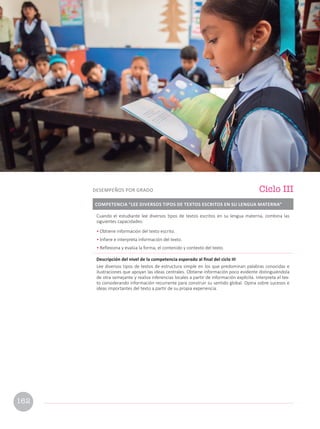 Cuando el estudiante lee diversos tipos de textos escritos en su lengua materna, combina las
siguientes capacidades:
• Obtiene información del texto escrito.
• Infiere e interpreta información del texto.
• Reflexiona y evalúa la forma, el contenido y contexto del texto.
Descripción del nivel de la competencia esperado al final del ciclo III
Lee diversos tipos de textos de estructura simple en los que predominan palabras conocidas e
ilustraciones que apoyan las ideas centrales. Obtiene información poco evidente distinguiéndola
de otra semejante y realiza inferencias locales a partir de información explícita. Interpreta el tex-
to considerando información recurrente para construir su sentido global. Opina sobre sucesos e
ideas importantes del texto a partir de su propia experiencia.
COMPETENCIA “LEE DIVERSOS TIPOS DE TEXTOS ESCRITOS EN SU LENGUA MATERNA”
Ciclo III
DESEMPEÑOS POR GRADO
162
 