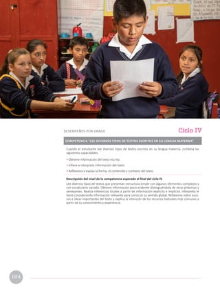 Cuando el estudiante lee diversos tipos de textos escritos en su lengua materna, combina las
siguientes capacidades:
• Obtiene información del texto escrito.
• Infiere e interpreta información del texto.
• Reflexiona y evalúa la forma, el contenido y contexto del texto.
Descripción del nivel de la competencia esperado al final del ciclo IV
Lee diversos tipos de textos que presentan estructura simple con algunos elementos complejos y
con vocabulario variado. Obtiene información poco evidente distinguiéndola de otras próximas y
semejantes. Realiza inferencias locales a partir de información explícita e implícita. Interpreta el
texto considerando información relevante para construir su sentido global. Reflexiona sobre suce-
sos e ideas importantes del texto y explica la intención de los recursos textuales más comunes a
partir de su conocimiento y experiencia.
COMPETENCIA “LEE DIVERSOS TIPOS DE TEXTOS ESCRITOS EN SU LENGUA MATERNA”
Ciclo IV
DESEMPEÑOS POR GRADO
164
 