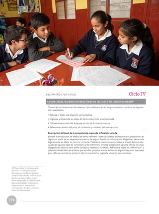 30 Para evaluar la coherencia de
un texto, en todos los niveles
del mapa, se consideran algunos
criterios relacionados con los vicios
que los escritores deben evitar:
saltos inesperados de información,
digresiones (añadir información
no pertinente), reiteración y
contradicción de ideas, así como
vacíos de información.
Cuando el estudiante escribe diversos tipos de textos en su lengua materna, combina las siguien-
tes capacidades:
• Adecúa el texto a la situación comunicativa.
• Organiza y desarrolla las ideas de forma coherente y cohesionada.
• Utiliza convenciones del lenguaje escrito de forma pertinente.
• Reflexiona y evalúa la forma, el contenido y contexto del texto escrito.
Descripción del nivel de la competencia esperado al final del ciclo IV
Escribe diversos tipos de textos de forma reflexiva. Adecúa su texto al destinatario, propósito y el
registro a partir de su experiencia previa y de alguna fuente de información. Organiza y desarrolla
lógicamente las ideas en torno a un tema. Establece relaciones entre ideas a través del uso ade-
cuado de algunos tipos de conectores y de referentes; emplea vocabulario variado. Utiliza recursos
ortográficos básicos para darle claridad y sentido a su texto. Reflexiona sobre la coherencia30
y
cohesión de las ideas en el texto que escribe, y explica acerca del uso de algunos recursos textuales
para reforzar sentidos y producir efectos en el lector según la situación comunicativa.
COMPETENCIA “ESCRIBE DIVERSOS TIPOS DE TEXTOS EN SU LENGUA MATERNA”
Ciclo IV
DESEMPEÑOS POR GRADO
174
 
