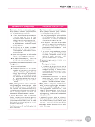 • Expresa con diversas representaciones y len-
guaje numérico (números, signos y expresio-
nes verbales) su comprensión de:
• El valor posicional de un dígito en nú-
meros de hasta seis cifras, al hacer
equivalencias entre decenas de millar,
unidades de millar, centenas, decenas y
unidades; así como del valor posicional
de decimales hasta el décimo, su com-
paración y orden.
• Los múltiplos de un número natural y la
relación entre las cuatro operaciones y
sus propiedades (conmutativa, asociati-
va y distributiva).
• La fracción como parte de una cantidad
discreta o continua y como operador.
• Las operaciones de adición y sustracción
con números decimales y fracciones.
• Emplea estrategias y procedimientos como
los siguientes:
• Estrategias heurísticas.
• Estrategias de cálculo: uso de la reversi-
bilidad de las operaciones con números
naturales, estimación de productos y co-
cientes, descomposición del dividendo,
amplificación y simplificación de fraccio-
nes, redondeo de expresiones decima-
les y uso de la propiedad distributiva de
la multiplicación respecto de la adición
y división.
• Mide, estima y compara la masa de los obje-
tos (kilogramo) y el tiempo (décadas y siglos)
usando unidades convencionales (expresadas
con naturales, fracciones y decimales); y usa
multiplicaciones o divisiones por múltiplos de
10, así como equivalencias, para hacer con-
versiones de unidades de masa y tiempo.
• Realiza afirmaciones sobre las relaciones
(orden y otras) entre números naturales,
decimales y fracciones; así como sobre rela-
ciones inversas entre operaciones, las cuales
justifica con varios ejemplos y sus conoci-
mientos matemáticos.
• Justifica su proceso de resolución y los resul-
tados obtenidos.
• Expresa con diversas representaciones y len-
guaje numérico (números, signos y expresio-
nes verbales) su comprensión de:
• El valor posicional de un dígito en núme-
ros de hasta seis cifras y decimales hasta
el centésimo, así como las unidades del
sistema de numeración decimal.
• Los múltiplos y divisores de un número
natural; las características de los núme-
ros primos y compuestos; así como las
propiedades de las operaciones y su re-
lación inversa.
• La fracción como operador y como co-
ciente; las equivalencias entre decimales,
fracciones o porcentajes usuales; las ope-
raciones de adición, sustracción y multi-
plicación con fracciones y decimales.
• Emplea estrategias y procedimientos como
los siguientes:
• Estrategias heurísticas.
• Estrategias de cálculo, como el uso de
la reversibilidad de las operaciones con
números naturales, la amplificación y
simplificación de fracciones, el redon-
deo de decimales y el uso de la propie-
dad distributiva.
• Procedimientos y recursos para realizar
operaciones con números naturales,
expresiones fraccionarias y decimales
exactos, y calcular porcentajes usuales.
• Mide, estima y compara la masa de los ob-
jetos, el tiempo (minutos) y la temperatura
usando la unidad de medida que conviene
según el problema; emplea recursos y estra-
tegias de cálculo para hacer conversiones de
unidades de masa, tiempo y temperatura,
expresadas con números naturales y expre-
siones decimales.
• Realiza afirmaciones sobre las relaciones
(orden y otras) entre decimales, fracciones o
porcentajes usuales, y las justifica con varios
ejemplos y sus conocimientos matemáticos.
• Justifica su proceso de resolución y los resul-
tados obtenidos.
DESEMPEÑOS DE QUINTO GRADO DESEMPEÑOS DE SEXTO GRADO
Currículo Nacional
cn
Ministerio de Educación
241
 
