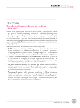 COMPETENCIA
Resuelve problemas de forma, movimiento
y localización
Consiste en que el estudiante se oriente y describa la posición y el movimiento de objetos
y de sí mismo en el espacio, visualizando, interpretando y relacionando las características
de los objetos con formas geométricas bidimensionales y tridimensionales. Implica que
realice mediciones directas o indirectas de la superficie, del perímetro, del volumen y de la
capacidad de los objetos, y que logre construir representaciones de las formas geométricas
para diseñar objetos, planos y maquetas, usando instrumentos, estrategias y procedimientos
de construcción y medida. Además describa trayectorias y rutas, usando sistemas de referencia
y lenguaje geométrico.
Esta competencia implica la combinación de las siguientes capacidades:
• Modela objetos con formas geométricas y sus transformaciones: es construir un
modelo que reproduzca las características de los objetos, su localización y movimiento,
mediante formas geométricas, sus elementos y propiedades; la ubicación y transformaciones
en el plano. Es también evaluar si el modelo cumple con las condiciones dadas en el problema.
• Comunica su comprensión sobre las formas y relaciones geométricas: es comunicar
su comprensión de las propiedades de las formas geométricas, sus transformaciones y la
ubicación en un sistema de referencia; es también establecer relaciones entre estas formas,
usando lenguaje geométrico y representaciones gráficas o simbólicas.
• Usa estrategias y procedimientos para orientarse en el espacio: es seleccionar, adaptar,
combinar o crear una variedad de estrategias, procedimientos y recursos para construir
formas geométricas, trazar rutas, medir o estimar distancias y superficies, y transformar las
formas bidimensionales y tridimensionales.
• Argumenta afirmaciones sobre relaciones geométricas: es elaborar afirmaciones
sobre las posibles relaciones entre los elementos y las propiedades de las formas geométricas
a partir de su exploración o visualización. Asimismo, justificarlas, validarlas o refutarlas,
basado en su experiencia, ejemplos o contraejemplos, y conocimientos sobre propiedades
geométricas; usando el razonamiento inductivo o deductivo.
Currículo Nacional
cn
Ministerio de Educación
253
 