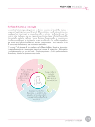 6.8 Área de Ciencia y Tecnología
La ciencia y la tecnología están presentes en diversos contextos de la actividad humana y
ocupan un lugar importante en el desarrollo del conocimiento y de la cultura de nuestras
sociedades; han transformado las concepciones sobre el universo y las formas de vida. Este
contexto exige ciudadanos que sean capaces de cuestionarse, buscar información confiable,
sistematizarla, analizarla, explicarla y tomar decisiones fundamentadas en conocimientos
científicos, considerando las implicancias sociales y ambientales. Así también, ciudadanos
que usen el conocimiento científico para aprender constantemente y tener una mejor forma
de comprender los fenómenos que acontecen a su alrededor.
El logro del Perfil de egreso de los estudiantes de la Educación Básica Regular se favorece por
el desarrollo de diversas competencias. A través del enfoque de indagación y alfabetización
científica y tecnológica, el área de Ciencia y Tecnología promueve y facilita que los estudiantes
desarrollen y vinculen las siguientes competencias:
Indaga mediante
métodos
científicos
para construir
conocimientos.
Explica el mundo físico
basándose en conocimientos
sobre los seres vivos, materia
y energía, biodiversidad, Tierra
y universo.
Diseña y construye
soluciones
tecnológicas
para resolver
problemas de su
entorno.
Currículo Nacional
cn
Ministerio de Educación
271
 