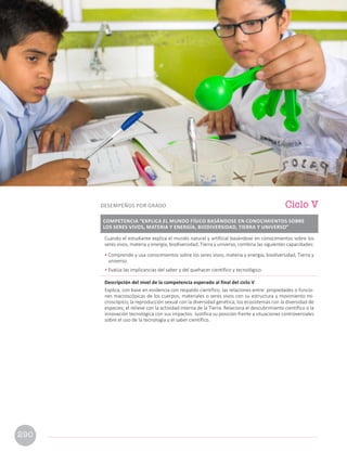 Cuando el estudiante explica el mundo natural y artificial basándose en conocimientos sobre los
seres vivos, materia y energía, biodiversidad, Tierra y universo, combina las siguientes capacidades:
• Comprende y usa conocimientos sobre los seres vivos, materia y energía, biodiversidad, Tierra y
universo.
• Evalúa las implicancias del saber y del quehacer científico y tecnológico.
Descripción del nivel de la competencia esperado al final del ciclo V
Explica, con base en evidencia con respaldo científico, las relaciones entre: propiedades o funcio-
nes macroscópicas de los cuerpos, materiales o seres vivos con su estructura y movimiento mi-
croscópico; la reproducción sexual con la diversidad genética; los ecosistemas con la diversidad de
especies; el relieve con la actividad interna de la Tierra. Relaciona el descubrimiento científico o la
innovación tecnológica con sus impactos. Justifica su posición frente a situaciones controversiales
sobre el uso de la tecnología y el saber científico.
Ciclo V
DESEMPEÑOS POR GRADO
COMPETENCIA “EXPLICA EL MUNDO FÍSICO BASÁNDOSE EN CONOCIMIENTOS SOBRE
LOS SERES VIVOS, MATERIA Y ENERGÍA, BIODIVERSIDAD, TIERRA Y UNIVERSO”
290
 