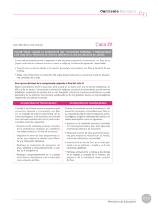 Cuando el estudiante asume la experiencia del encuentro personal y comunitario con Dios en su
proyecto de vida en coherencia con su creencia religiosa, combina las siguientes capacidades:
• Transforma su entorno desde el encuentro personal y comunitario con Dios y desde la fe que
profesa.
• Actúa coherentemente en razón de su fe según los principios de su conciencia moral en situacio-
nes concretas de la vida.
Descripción del nivel de la competencia esperado al final del ciclo IV
Expresa coherencia entre lo que cree, dice y hace en su diario vivir a la luz de las enseñanzas bí-
blicas y de los santos. Comprende su dimensión religiosa, espiritual y trascendente que le permita
establecer propósitos de cambio a la luz del Evangelio. Interioriza la presencia de Dios en su vida
personal y en su entorno más cercano, celebrando su fe con gratitud. Asume su rol protagónico
respetando y cuidando lo creado.
Ciclo IV
DESEMPEÑOS POR GRADO
COMPETENCIA “ASUME LA EXPERIENCIA DEL ENCUENTRO PERSONAL Y COMUNITARIO
CON DIOS EN SU PROYECTO DE VIDA EN COHERENCIA CON SU CREENCIA RELIGIOSA”
Cuando el estudiante asume la experiencia del
encuentro personal y comunitario con Dios
en su proyecto de vida en coherencia con su
creencia religiosa, y se encuentra en proceso
hacia el nivel esperado del ciclo IV, realiza des-
empeños como los siguientes:
• Muestra su fe mediante acciones concretas
en la convivencia cotidiana, en coherencia
con relatos bíblicos y la vida de los santos.
• Descubre el amor de Dios proponiendo ac-
ciones para mejorar la relación con su fami-
lia y la institución educativa.
• Participa en momentos de encuentro con
Dios, personal y comunitariamente, y cele-
bra su fe con gratitud.
• Participa responsablemente en el cuidado
de sí mismo, del prójimo y de la naturaleza
como creación de Dios.
Cuando el estudiante asume la experiencia del
encuentro personal y comunitario con Dios en
su proyecto de vida en coherencia con su creen-
cia religiosa, y logra el nivel esperado del ciclo IV,
realiza desempeños como los siguientes:
• Expresa su fe mediante acciones concretas
en la convivencia diaria; para ello, aplica las
enseñanzas bíblicas y de los santos.
• Reconoce el amor de Dios asumiendo accio-
nes para mejorar la relación con su familia,
institución educativa y comunidad.
• Interioriza la acción de Dios en su vida per-
sonal y en su entorno, y celebra su fe con
confianza y gratitud.
• Participa activamente y motiva a los demás
en el respeto y cuidado de sí mismos, del
prójimo y de la naturaleza como creación
de Dios.
DESEMPEÑOS DE TERCER GRADO DESEMPEÑOS DE CUARTO GRADO
Currículo Nacional
cn
Ministerio de Educación
315
 