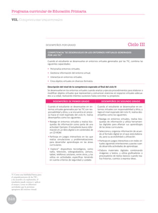 Cuando el estudiante se desenvuelve en entornos virtuales generados por las TIC, combina las
siguientes capacidades:
• Personaliza entornos virtuales.
• Gestiona información del entorno virtual.
• Interactúa en entornos virtuales.
• Crea objetos virtuales en diversos formatos.
Descripción del nivel de la competencia esperado al final del ciclo III
Se desenvuelve en los entornos virtuales cuando analiza y ejecuta procedimientos para elaborar o
modificar objetos virtuales que representan y comunican vivencias en espacios virtuales adecua-
dos a su edad, realizando intentos sucesivos hasta concretar su propósito.
Cuando el estudiante se desenvuelve en en-
tornos virtuales generados por las TIC con res-
ponsabilidad y ética, y se encuentra en proce-
so hacia el nivel esperado del ciclo III, realiza
desempeños como los siguientes:
• Navega en entornos virtuales y realiza bús-
quedas de información como parte de una
actividad. Ejemplo: El estudiante busca infor-
mación en un libro digital o en contenidos de
un CD-ROM.
• Participa en juegos interactivos en los que
realiza simulaciones y problematizaciones
para desarrollar aprendizajes en las áreas
curriculares.
• Explora51
dispositivos tecnológicos, como
radio, televisión, videograbadora, cámara,
tablet, teléfonos celulares, entre otros, y los
utiliza en actividades específicas teniendo
en cuenta criterios de seguridad y cuidado.
Cuando el estudiante se desenvuelve en en-
tornos virtuales con responsabilidad y ética, y
logra el nivel esperado del ciclo III, realiza des-
empeños como los siguientes:
• Navega en entornos virtuales, realiza bús-
quedas de información y utiliza herramien-
tas digitales para afianzar sus aprendizajes
de las áreas curriculares.
• Selecciona y organiza información de acuer-
do al formato digital en el que está elabora-
da, para su accesibilidad y utilización.
• Participa en juegos interactivos o en redes vir-
tuales siguiendo orientaciones y pautas cuan-
do desarrolla actividades de aprendizaje.
• Elabora materiales digitales combinando
imágenes y textos, y utiliza graficadores o
procesadores de textos básicos cuando rea-
liza historias, cuentos o expresa ideas.
COMPETENCIA “SE DESENVUELVE EN LOS ENTORNOS VIRTUALES GENERADOS
POR LAS TIC”
DESEMPEÑOS DE PRIMER GRADO DESEMPEÑOS DE SEGUNDO GRADO
51 Como una habilidad básica para
el empoderamiento de las TIC,
y de acuerdo a la exploración, el
estudiante puede conocer y aplicar
el ensayo y error en diferentes
actividades que le permitan
apropiarse del entorno virtual.
Ciclo III
DESEMPEÑOS POR GRADO
VII. Competencias transversales
328
Programa curricular de Educación Primaria
 