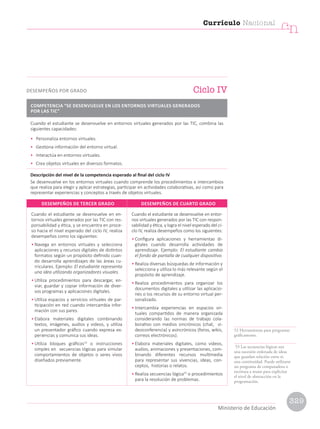 Cuando el estudiante se desenvuelve en entornos virtuales generados por las TIC, combina las
siguientes capacidades:
• Personaliza entornos virtuales.
• Gestiona información del entorno virtual.
• Interactúa en entornos virtuales.
• Crea objetos virtuales en diversos formatos.
Descripción del nivel de la competencia esperado al final del ciclo IV
Se desenvuelve en los entornos virtuales cuando comprende los procedimientos e intercambios
que realiza para elegir y aplicar estrategias, participar en actividades colaborativas, así como para
representar experiencias y conceptos a través de objetos virtuales.
COMPETENCIA “SE DESENVUELVE EN LOS ENTORNOS VIRTUALES GENERADOS
POR LAS TIC”
Cuando el estudiante se desenvuelve en en-
tornos virtuales generados por las TIC con res-
ponsabilidad y ética, y se encuentra en proce-
so hacia el nivel esperado del ciclo IV, realiza
desempeños como los siguientes:
• Navega en entornos virtuales y selecciona
aplicaciones y recursos digitales de distintos
formatos según un propósito definido cuan-
do desarrolla aprendizajes de las áreas cu-
rriculares. Ejemplo: El estudiante representa
una idea utilizando organizadores visuales.
• Utiliza procedimientos para descargar, en-
viar, guardar y copiar información de diver-
sos programas y aplicaciones digitales.
• Utiliza espacios y servicios virtuales de par-
ticipación en red cuando intercambia infor-
mación con sus pares.
• Elabora materiales digitales combinando
textos, imágenes, audios y videos, y utiliza
un presentador gráfico cuando expresa ex-
periencias y comunica sus ideas.
• Utiliza bloques gráficos52
o instrucciones
simples en secuencias lógicas para simular
comportamientos de objetos o seres vivos
diseñados previamente.
Cuando el estudiante se desenvuelve en entor-
nos virtuales generados por las TIC con respon-
sabilidad y ética, y logra el nivel esperado del ci-
clo IV, realiza desempeños como los siguientes:
• Configura aplicaciones y herramientas di-
gitales cuando desarrolla actividades de
aprendizaje. Ejemplo: El estudiante cambia
el fondo de pantalla de cualquier dispositivo.
• Realiza diversas búsquedas de información y
selecciona y utiliza lo más relevante según el
propósito de aprendizaje.
• Realiza procedimientos para organizar los
documentos digitales y utilizar las aplicacio-
nes o los recursos de su entorno virtual per-
sonalizado.
• Intercambia experiencias en espacios vir-
tuales compartidos de manera organizada
considerando las normas de trabajo cola-
borativo con medios sincrónicos (chat, vi-
deoconferencia) y asincrónicos (foros, wikis,
correos electrónicos).
• Elabora materiales digitales, como videos,
audios, animaciones y presentaciones, com-
binando diferentes recursos multimedia
para representar sus vivencias, ideas, con-
ceptos, historias o relatos.
• Realiza secuencias lógica53
o procedimientos
para la resolución de problemas.
DESEMPEÑOS DE TERCER GRADO DESEMPEÑOS DE CUARTO GRADO
52 Herramientas para programar
gráficamente.
53 Las secuencias lógicas son
una sucesión ordenada de ideas
que guardan relación entre sí,
una continuidad. Puede utilizarse
un programa de computadora o
escritura a mano para explicitar
el nivel de abstracción en la
programación.
Ciclo IV
DESEMPEÑOS POR GRADO
329
Currículo Nacional
cn
Ministerio de Educación
 