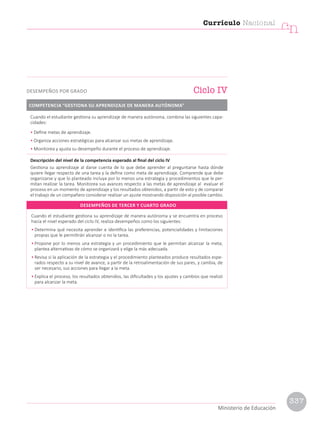 Ministerio de Educación
Cuando el estudiante gestiona su aprendizaje de manera autónoma, combina las siguientes capa-
cidades:
• Define metas de aprendizaje.
• Organiza acciones estratégicas para alcanzar sus metas de aprendizaje.
• Monitorea y ajusta su desempeño durante el proceso de aprendizaje.
Descripción del nivel de la competencia esperado al final del ciclo IV
Gestiona su aprendizaje al darse cuenta de lo que debe aprender al preguntarse hasta dónde
quiere llegar respecto de una tarea y la define como meta de aprendizaje. Comprende que debe
organizarse y que lo planteado incluya por lo menos una estrategia y procedimientos que le per-
mitan realizar la tarea. Monitorea sus avances respecto a las metas de aprendizaje al evaluar el
proceso en un momento de aprendizaje y los resultados obtenidos, a partir de esto y de comparar
el trabajo de un compañero considerar realizar un ajuste mostrando disposición al posible cambio.
COMPETENCIA “GESTIONA SU APRENDIZAJE DE MANERA AUTÓNOMA”
Ciclo IV
DESEMPEÑOS POR GRADO
Cuando el estudiante gestiona su aprendizaje de manera autónoma y se encuentra en proceso
hacia el nivel esperado del ciclo IV, realiza desempeños como los siguientes:
• Determina qué necesita aprender e identifica las preferencias, potencialidades y limitaciones
propias que le permitirán alcanzar o no la tarea.
• Propone por lo menos una estrategia y un procedimiento que le permitan alcanzar la meta;
plantea alternativas de cómo se organizará y elige la más adecuada.
• Revisa si la aplicación de la estrategia y el procedimiento planteados produce resultados espe-
rados respecto a su nivel de avance, a partir de la retroalimentación de sus pares, y cambia, de
ser necesario, sus acciones para llegar a la meta.
• Explica el proceso, los resultados obtenidos, las dificultades y los ajustes y cambios que realizó
para alcanzar la meta.
DESEMPEÑOS DE TERCER Y CUARTO GRADO
337
Currículo Nacional
cn
Ministerio de Educación
 