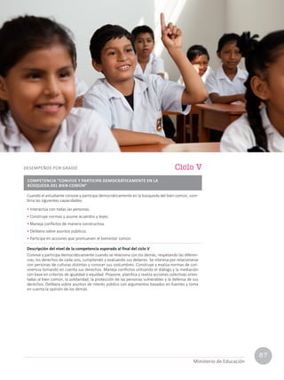 Cuando el estudiante convive y participa democráticamente en la búsqueda del bien común, com-
bina las siguientes capacidades:
• Interactúa con todas las personas.
• Construye normas y asume acuerdos y leyes.
• Maneja conflictos de manera constructiva.
• Delibera sobre asuntos públicos.
• Participa en acciones que promueven el bienestar común.
Descripción del nivel de la competencia esperado al final del ciclo V
Convive y participa democráticamente cuando se relaciona con los demás, respetando las diferen-
cias, los derechos de cada uno, cumpliendo y evaluando sus deberes. Se interesa por relacionarse
con personas de culturas distintas y conocer sus costumbres. Construye y evalúa normas de con-
vivencia tomando en cuenta sus derechos. Maneja conflictos utilizando el diálogo y la mediación
con base en criterios de igualdad o equidad. Propone, planifica y realiza acciones colectivas orien-
tadas al bien común, la solidaridad, la protección de las personas vulnerables y la defensa de sus
derechos. Delibera sobre asuntos de interés público con argumentos basados en fuentes y toma
en cuenta la opinión de los demás.
Ciclo V
DESEMPEÑOS POR GRADO
COMPETENCIA “CONVIVE Y PARTICIPA DEMOCRÁTICAMENTE EN LA
BÚSQUEDA DEL BIEN COMÚN”
Ministerio de Educación
87
 