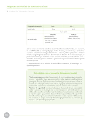 20
Programa curricular de Educación Inicial
Principios que orientan la Educación Inicial
Principio de respeto: considera la importancia de crear condiciones que respeten los
procesos y necesidades vitales que nuestros niños y niñas requieren para desarrollarse
plenamente. Respetar al niño como sujeto implica reconocer sus derechos, valorar su
forma de ser y hacer en el mundo, lo que supone considerar su ritmo, nivel madurativo,
características particulares y culturales, que hacen de él un ser único y especial.
Principio de seguridad: constituye la base para el desarrollo de una personalidad
estable y armoniosa en el niño, la cual se construye a través del vínculo afectivo, la
calidad de los cuidados que recibe, y la posibilidad de actuar e interactuar con libertad
en espacios seguros que permitan el desarrollo de su potencial natural. A partir del
placer de sentirse seguro, es que los niños y las niñas podrán separarse y diferenciarse
para construir su propia identidad, desarrollar progresivamente su autonomía y
atreverse a salir al mundo para explorarlo.
I. El nivel de Educacion Inicial
Modalidades de atención Ciclo I 		 Ciclo II
Escolarizada Cuna Jardín
Cuna-Jardín
No escolarizada
PRONOEI:
•	Entorno familiar
•	Entorno comunitario
•	El niño y su familia
•	Solo el niño
PRONOEI:
Entorno familiar
Entorno comunitario
Ambas formas de atención, se realizan en estrecha relación con las familias, por esta razón,
en los PRONOEI, la acción pedagógica de los docentes, coordinadores, y promotores
educativos comunitarios se dirigen directamente a la madre, adulto significativo o cuidador
del niño que participa en el servicio. Así también, en el marco de la atención integral, se
promueven acciones que involucran a otros sectores –como los de salud, inclusión social y
desarrollo, protección, justicia, ambiente– que buscan asegurar condiciones básicas para el
desarrollo infantil.
La atención educativa en los servicios del nivel de Educación Inicial, se orientan por los
siguientes principios:
 