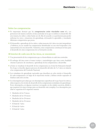 67
Currículo Nacional
cn
Ministerio de Educación
Sobre las competencias
•	Es importante destacar que las competencias están vinculadas entre sí y no
pertenecen de manera exclusiva al área curricular en la que se enfatiza su desarrollo. De
esta manera, los niños y niñas harán uso de ellas de acuerdo a su pertinencia para poder
enfrentar los retos y situaciones de aprendizaje, reforzando lo aprendido y vinculando
diferentes competencias que posee.
•	 El desarrollo y aprendizaje de los niños y niñas menores de 6 años son más integradores
y holísticos, en ese sentido las competencias identificadas en este nivel responden a las
características de este desarrollo. Asimismo, estas competencias constituyen la base para
el desarrollo de otras competencias de su formación escolar.
Al interior de cada una de las áreas, se encontrará:
•	Una presentación de las competencias que se desarrollarán en cada área curricular.
•	El enfoque del área como el marco teórico y metodológico que tiene como finalidad
orientar el proceso de enseñanza y aprendizaje de las competencias a desarrollar.
•	¿Cómo se visualizan el desarrollo de las competencias en el nivel de Educación Inicial?
En el que se describe algunos procesos de desarrollo del niño de 0 a 5 años en relación
a las competencias del Currículo Nacional.
•	Los estándares de aprendizaje nacionales que describen en ocho niveles el desarrollo
de cada competencia a lo largo de la trayectoria escolar y definen niveles esperados al
finalizar cada ciclo escolar.
•	Los desempeños por edad, que son descripciones específicas de lo que hacen los niños y
niñas respecto a los niveles de desarrollo de las competencias (estándares de aprendizaje).
Estos desempeños, en algunas ocasiones son iguales en dos edades sucesivas, debido a
que requieren de mayor tiempo para un desarrollo más complejo. Los desempeños por
edad se organizan de la siguiente manera:
•	 Alrededor de los 9 meses
•	 Alrededor de los 18 meses
•	 Alrededor de los 24 meses
•	 Alrededor de los 36 meses
•	 Al final de 3 años
•	 Al final de 4 años
•	 Al final de 5 años
 