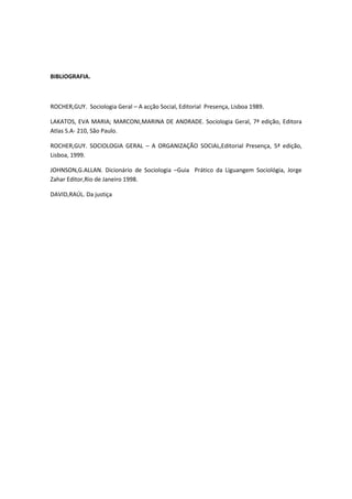 BIBLIOGRAFIA.



ROCHER,GUY. Sociologia Geral – A acção Social, Editorial Presença, Lisboa 1989.

LAKATOS, EVA MARIA; MARCONI,MARINA DE ANDRADE. Sociologia Geral, 7ª edição, Editora
Atlas S.A- 210, São Paulo.

ROCHER,GUY. SOCIOLOGIA GERAL – A ORGANIZAÇÃO SOCIAL,Editorial Presença, 5ª edição,
Lisboa, 1999.

JOHNSON,G.ALLAN. Dicionário de Sociologia –Guia Prático da Liguangem Sociológia, Jorge
Zahar Editor,Rio de Janeiro 1998.

DAVID,RAÚL. Da justiça
 