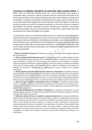 100
Competencia SE COMUNICA ORALMENTE EN CASTELLANO COMO SEGUNDA LENGUA. Se
define como una interacción dinámica entre uno o más interlocutores para expresar y
comprender ideas y emociones. Supone un proceso activo de construcción del sentido de los
diversos tipos de textos orales ya que el estudiante alterna los roles de hablante y oyente con el
fin de lograr su propósito comunicativo. El estudiante pone en juego saberes de distinto tipo y
recursos provenientes del lenguaje oral y del mundo que lo rodea. Esto significa considerar los
modos de cortesía de acuerdo al contexto sociocultural, así como los recursos no verbales y
paraverbales y las diversas estrategias de manera pertinente para expresarse, intercambiar
información, persuadir, consensuar, entre otros fines. De igual forma, supone tomar conciencia
del impacto de las nuevas tecnologías en la oralidad.
La comunicación oral es una herramienta fundamental para la constitución de las identidades y
el desarrollo personal. Esta competencia se asume como una práctica social donde el estudiante
interactúa con distintos individuos o comunidades socioculturales, ya sea de forma presencial o
virtual. Al hacerlo, tiene la posibilidad de usar el lenguaje oral de manera creativa y responsable,
considerando la repercusión de lo expresado o escuchado, y estableciendo una posición crítica
con los medios de comunicación audiovisuales. Esta competencia implica la combinación de las
siguientes capacidades:
• Obtiene información del texto oral: El estudiante recupera y extrae información explícita expresada
por los interlocutores.
• Infiere e interpreta información del texto oral: El estudiante construye el sentido del texto. Para ello,
infiere estableciendo diversas relaciones entre la información explícita e implícita con el fin de deducir
nueva información y completar los vacíos del texto oral. A partir de estas inferencias, el estudiante
interpreta integrando la información explícita e implícita, los recursos verbales, no verbales y paraverbales
para construir el sentido global y profundo del texto oral, y explicar el propósito, el uso estético del
lenguaje, las intenciones e ideologías de los interlocutores, así como su relación con el contexto
sociocultural.
• Adecúa, organiza y desarrolla el texto de forma coherente y cohesionada: El estudiante expresa sus
ideas adaptándose al propósito, destinatario, características del tipo de texto, género discursivo y registro,
considerando las normas y modos de cortesía, así como los contextos socioculturales que enmarcan la
comunicación. Asimismo, expresa las ideas en torno a un tema de forma lógica, relacionándolas mediante
diversos recursos cohesivos para construir el sentido de distintos tipos de textos y géneros discursivos.
• Utiliza recursos no verbales y paraverbales de forma estratégica: El estudiante emplea variados
recursos no verbales (como gestos o movimientos corporales) o paraverbales (como el tono de la voz o
silencios) según la situación comunicativa para enfatizar o matizar significados y producir determinados
efectos en los interlocutores.
• Interactúa estratégicamente con distintos interlocutores: El estudiante intercambia los roles de
hablante y oyente alternada y dinámicamente, participando de forma pertinente, oportuna y relevante
para lograr su propósito comunicativo.
• Reflexiona y evalúa la forma, el contenido y contexto del texto oral: Los procesos de reflexión y
evaluación están relacionados porque ambos suponen que el estudiante se distancie de los textos orales
en los que participa. Para ello, reflexiona como oyente y hablante, que supone distanciarse de los textos
orales en que participa de forma presencial o a través de medios audiovisuales, comparando y
contrastando aspectos formales y de contenido, con la experiencia, el contexto, el conocimiento formal y
diversas fuentes de información. Asimismo, evalúa, que implica analizar y valorar los textos orales
producidos para construir una opinión personal o un juicio crítico sobre sus aspectos formales, contenidos
e ideologías, y su relación con el contexto sociocultural, considerando los efectos que producen en los
interlocutores.
 