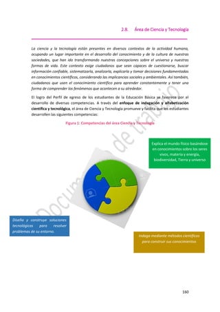 160
2.8. Área de Ciencia y Tecnología
_____________________________________________________
La ciencia y la tecnología están presentes en diversos contextos de la actividad humana,
ocupando un lugar importante en el desarrollo del conocimiento y de la cultura de nuestras
sociedades, que han ido transformando nuestras concepciones sobre el universo y nuestras
formas de vida. Este contexto exige ciudadanos que sean capaces de cuestionarse, buscar
información confiable, sistematizarla, analizarla, explicarla y tomar decisiones fundamentadas
en conocimientos científicos, considerando las implicancias sociales y ambientales. Así también,
ciudadanos que usen el conocimiento científico para aprender constantemente y tener una
forma de comprender los fenómenos que acontecen a su alrededor.
El logro del Perfil de egreso de los estudiantes de la Educación Básica se favorece por el
desarrollo de diversas competencias. A través del enfoque de indagación y alfabetización
científica y tecnológica, el área de Ciencia y Tecnología promueve y facilita que los estudiantes
desarrollen las siguientes competencias:
Figura 1: Competencias del área Ciencia y Tecnología
Indaga mediante métodos científicos
para construir sus conocimientos
Diseña y construye soluciones
tecnológicas para resolver
problemas de su entorno.
Explica el mundo físico basándose
en conocimientos sobre los seres
vivos, materia y energía,
biodiversidad, Tierra y universo
 