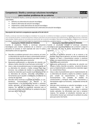 178
Competencia Diseña y construye soluciones tecnológicas CICLO III
para resolver problemas de su entorno
Cuando el estudiante Diseña y construye soluciones tecnológicas para resolver problemas de su entorno combina las siguientes
capacidades:
 Delimita una alternativa de solución tecnológica
 Diseña la alternativa de solución tecnológica
 Implementa y valida alternativas de solución tecnológica
 Evalúa y comunica el funcionamiento de la alternativa de solución tecnológica
Descripción del nivel de la competencia esperada al fin del ciclo III
Diseña y construye soluciones tecnológicas al establecer las causas de un problema tecnológico y proponer alternativas de solución, representa
una, incluyendo las partes, a través de esquemas o dibujos y describe la secuencia de pasos para implementarla, usando herramientas y materiales
seleccionados. Realiza ajustes en el proceso de construcción de la solución tecnológica. Describe el procedimiento y beneficios de la solución
tecnológica, evalúa su funcionamiento según los requerimientos establecidos, y propone mejoras.
Desempeños PRIMER GRADO DE PRIMARIA
Cuando el estudiante “Diseña y construye soluciones
tecnológicas para resolver problemas de su entorno” y se
encuentra en proceso al nivel esperado del ciclo III realiza
desempeños como los siguientes:
 Describe un problema personal o de su entorno, así como
su alternativa de solución en base a conocimientos previos
o practicas locales, los requerimientos que debe cumplir y
los recursos disponibles para construirlo.
 Representa gráficamente su alternativa de solución con
dibujos y textos, describe lo que hará para construirla.
 Lleva a cabo el procedimiento para la implementación de
su alternativa de solución y realiza ensayos hasta que
funcione. Usa unidades de medida no convencionales y
prueba los materiales que lo ayuden en la construcción de
su alternativa de solución, selecciona instrumentos y
herramientas que lo ayuden a elaborarla, cumpliendo las
normas de seguridad.
 Describe cómo construyo su solución tecnológica, su uso,
beneficios, funcionamiento, en relación a los
requerimientos y los conocimientos previos o prácticas
locales aplicadas, las dificultades que tuvo y propone
mejoras. Por ejemplo: el estudiante menciona que al
instrumento musical que construyó le cambiaría las pitas
para que suene más fuerte
Desempeños SEGUNDO GRADO DE PRIMARIA
Cuando el estudiante “Diseña y construye soluciones
tecnológicas para resolver problemas de su entorno” y logra el
nivel esperado del ciclo III realiza desempeños como los
siguientes:
 Describe un problema personal o de su entorno y las
posibles causas que lo generan, así como su alternativa de
solución en base a conocimientos previos o practicas
locales, los requerimientos que debe cumplir y los recursos
disponibles para construirlo.
 Representa gráficamente su alternativa de solución con
dibujos y textos, describe sus partes, secuencia de pasos
para su implementación y selecciona los materiales según
las características físicas.
 Lleva a cabo el procedimiento para la implementación de
su alternativa de solución y explica los cambios o ajustes
para cumplir los requerimientos o mejorar el
funcionamiento. Usa unidades de medida no
convencionales y manipula materiales, instrumentos y
herramientas según sus funciones, cumpliendo normas de
seguridad.
 Describe cómo construyo su solución tecnológica, su uso,
beneficios, funcionamiento, en relación a los
requerimientos y los conocimientos previos o prácticas
locales aplicadas, las dificultades que tuvo y propone
mejoras. Por ejemplo: el estudiante menciona que al
instrumento musical que construyó le cambiaría las pitas
para que suene más fuerte.
 