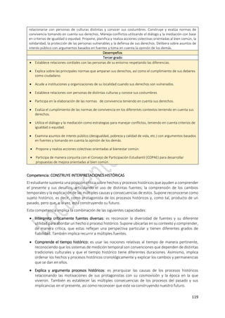 119
relacionarse con personas de culturas distintas y conocer sus costumbres. Construye y evalúa normas de
convivencia tomando en cuenta sus derechos. Maneja conflictos utilizando el diálogo y la mediación con base
en criterios de igualdad o equidad. Propone, planifica y realiza acciones colectivas orientadas al bien común, la
solidaridad, la protección de las personas vulnerables y la defensa de sus derechos. Delibera sobre asuntos de
interés público con argumentos basados en fuentes y toma en cuenta la opinión de los demás.
Desempeños
Tercer grado
 Establece relaciones cordiales con las personas de su entorno respetando las diferencias.
 Explica sobre las principales normas que amparan sus derechos, así como el cumplimiento de sus deberes
como ciudadano.
 Acude a instituciones y organizaciones de su localidad cuando sus derechos son vulnerados.
 Establece relaciones con personas de distintas culturas y conoce sus costumbres.
 Participa en la elaboración de las normas de convivencia teniendo en cuenta sus derechos.
 Evalúa el cumplimiento de las normas de convivencia en los diferentes contextos teniendo en cuenta sus
derechos.
 Utiliza el diálogo y la mediación como estrategias para manejar conflictos, teniendo en cuenta criterios de
igualdad o equidad.
 Examina asuntos de interés público (desigualdad, pobreza y calidad de vida, etc.) con argumentos basados
en fuentes y tomando en cuenta la opinión de los demás.
 Propone y realiza acciones colectivas orientadas al bienestar común.
 Participa de manera conjunta con el Consejo de Participación Estudiantil (COPAE) para desarrollar
propuestas de mejora orientadas al bien común.
Competencia: CONSTRUYE INTERPRETACIONES HISTÓRICAS
El estudiante sustenta una posición crítica sobre hechos y procesos históricos que ayuden a comprender
el presente y sus desafíos, articulando el uso de distintas fuentes; la comprensión de los cambios
temporales y la explicación de las múltiples causas y consecuencias de estos. Supone reconocerse como
sujeto histórico, es decir, como protagonista de los procesos históricos y, como tal, producto de un
pasado, pero que, a la vez, está construyendo su futuro.
Esta competencia implica la combinación de las siguientes capacidades:
 Interpreta críticamente fuentes diversas: es reconocer la diversidad de fuentes y su diferente
utilidad para abordar un hecho o proceso histórico. Supone ubicarlas en su contexto y comprender,
de manera crítica, que estas reflejan una perspectiva particular y tienen diferentes grados de
fiabilidad. También implica recurrir a múltiples fuentes.
 Comprende el tiempo histórico: es usar las nociones relativas al tiempo de manera pertinente,
reconociendo que los sistemas de medición temporal son convenciones que dependen de distintas
tradiciones culturales y que el tiempo histórico tiene diferentes duraciones. Asimismo, implica
ordenar los hechos y procesos históricos cronológicamente y explicar los cambios y permanencias
que se dan en ellos.
 Explica y argumenta procesos históricos: es jerarquizar las causas de los procesos históricos
relacionando las motivaciones de sus protagonistas con su cosmovisión y la época en la que
vivieron. También es establecer las múltiples consecuencias de los procesos del pasado y sus
implicancias en el presente, así como reconocer que este va construyendo nuestro futuro.
 