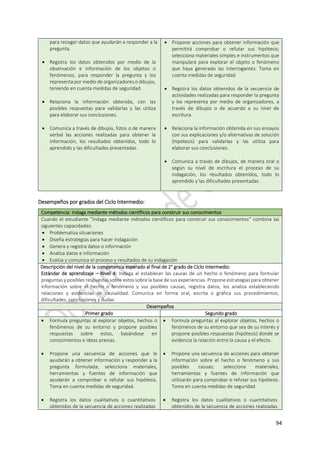 94
para recoger datos que ayudarán a responder a la
pregunta.
 Registra los datos obtenidos por medio de la
observación e información de los objetos o
fenómenos, para responder la pregunta y los
representa por medio de organizadores o dibujos,
teniendo en cuenta medidas de seguridad.
 Relaciona la información obtenida, con las
posibles respuestas para validarlas y las utiliza
para elaborar sus conclusiones.
 Comunica a través de dibujos, fotos o de manera
verbal las acciones realizadas para obtener la
información, los resultados obtenidos, todo lo
aprendido y las dificultades presentadas.
 Propone acciones para obtener información que
permitirá comprobar o refutar sus hipótesis;
selecciona materiales simples e instrumentos que
manipulará para explorar el objeto o fenómeno
que haya generado las interrogantes. Toma en
cuenta medidas de seguridad.
 Registra los datos obtenidos de la secuencia de
actividades realizadas para responder la pregunta
y los representa por medio de organizadores, a
través de dibujos o de acuerdo a su nivel de
escritura.
 Relaciona la información obtenida en sus ensayos
con sus explicaciones y/o alternativas de solución
(hipótesis) para validarlas y las utiliza para
elaborar sus conclusiones.
 Comunica a través de dibujos, de manera oral o
según su nivel de escritura el proceso de su
indagación, los resultados obtenidos, todo lo
aprendido y las dificultades presentadas.
Desempeños por grados del Ciclo Intermedio:
Competencia: Indaga mediante métodos científicos para construir sus conocimientos
Cuando el estudiante “indaga mediante métodos científicos para construir sus conocimientos” combina las
siguientes capacidades:
 Problematiza situaciones
 Diseña estrategias para hacer indagación
 Genera y registra datos o información
 Analiza datos e información
 Evalúa y comunica el proceso y resultados de su indagación
Descripción del nivel de la competencia esperado al final de 2° grado de Ciclo Intermedio:
Estándar de aprendizaje – Nivel 4: Indaga al establecer las causas de un hecho o fenómeno para formular
preguntas y posibles respuestas sobre estos sobre la base de sus experiencias. Propone estrategias para obtener
información sobre el hecho o fenómeno y sus posibles causas, registra datos, los analiza estableciendo
relaciones y evidencias de causalidad. Comunica en forma oral, escrita o gráfica sus procedimientos,
dificultades, conclusiones y dudas.
Desempeños
Primer grado Segundo grado
 Formula preguntas al explorar objetos, hechos o
fenómenos de su entorno y propone posibles
respuestas sobre estos, basándose en
conocimientos e ideas previas.
 Propone una secuencia de acciones que le
ayudarán a obtener información y responder a la
pregunta formulada; selecciona materiales,
herramientas y fuentes de información que
ayudarán a comprobar o refutar sus hipótesis.
Toma en cuenta medidas de seguridad.
 Registra los datos cualitativos o cuantitativos
obtenidos de la secuencia de acciones realizadas
 Formula preguntas al explorar objetos, hechos o
fenómenos de su entorno que sea de su interés y
propone posibles respuestas (hipótesis) donde se
evidencia la relación entre la causa y el efecto.
 Propone una secuencia de acciones para obtener
información sobre el hecho o fenómeno y sus
posibles causas; selecciona materiales,
herramientas y fuentes de información que
utilizarán para comprobar o refutar sus hipótesis.
Toma en cuenta medidas de seguridad.
 Registra los datos cualitativos o cuantitativos
obtenidos de la secuencia de acciones realizadas
 