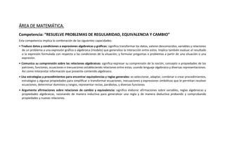 ÁREA DE MATEMÁTICA.
Competencia: “RESUELVE PROBLEMAS DE REGULARIDAD, EQUIVALENCIA Y CAMBIO”
Esta competencia implica la combinación de las siguientes capacidades:
• Traduce datos y condiciones a expresiones algebraicas y gráficas: significa transformar los datos, valores desconocidos, variables y relaciones
de un problema a una expresión gráfica o algebraica (modelo) que generalice la interacción entre estos. Implica también evaluar el resultado
o la expresión formulada con respecto a las condiciones de la situación; y formular preguntas o problemas a partir de una situación o una
expresión.
• Comunica su comprensión sobre las relaciones algebraicas: significa expresar su comprensión de la noción, concepto o propiedades de los
patrones, funciones, ecuaciones e inecuaciones estableciendo relaciones entre estas; usando lenguaje algebraico y diversas representaciones.
Así como interpretar información que presente contenido algebraico.
• Usa estrategias y procedimientos para encontrar equivalencias y reglas generales: es seleccionar, adaptar, combinar o crear procedimientos,
estrategias y algunas propiedades para simplificar o transformar ecuaciones, inecuaciones y expresiones simbólicas que le permitan resolver
ecuaciones, determinar dominios y rangos, representar rectas, parábolas, y diversas funciones.
• Argumenta afirmaciones sobre relaciones de cambio y equivalencia: significa elaborar afirmaciones sobre variables, reglas algebraicas y
propiedades algebraicas, razonando de manera inductiva para generalizar una regla y de manera deductiva probando y comprobando
propiedades y nuevas relaciones.
 
