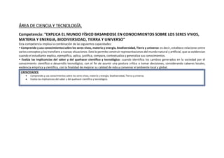 ÁREA DE CIENCIA Y TECNOLOGÍA.
Competencia: “EXPLICA EL MUNDO FÍSICO BASANDOSE EN CONOCIMIENTOS SOBRE LOS SERES VIVOS,
MATERIA Y ENERGIA, BIODIVERSIDAD, TIERRA Y UNIVERSO”
Esta competencia implica la combinación de las siguientes capacidades:
• Comprende y usa conocimientos sobre los seres vivos, materia y energía, biodiversidad, Tierra y universo: es decir, establece relaciones entre
varios conceptos y los transfiere a nuevas situaciones. Esto le permite construir representaciones del mundo natural y artificial, que se evidencian
cuando el estudiante explica, ejemplifica, aplica, justifica, compara, contextualiza y generaliza sus conocimientos.
• Evalúa las implicancias del saber y del quehacer científico y tecnológico: cuando identifica los cambios generados en la sociedad por el
conocimiento científico o desarrollo tecnológico, con el fin de asumir una postura crítica o tomar decisiones, considerando saberes locales,
evidencia empírica y científica, con la finalidad de mejorar su calidad de vida y conservar el ambiente local y global.
CAPACIDADES:
 Comprende y usa conocimientos sobre los seres vivos, materia y energía, biodiversidad, Tierra y universo.
 Evalúa las implicancias del saber y del quehacer científico y tecnológico.
 