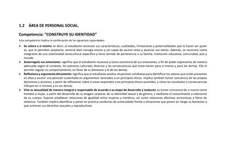 1.2 ÁREA DE PERSONAL SOCIAL.
Competencia: “CONSTRUYE SU IDENTIDAD”
Esta competencia implica la combinación de las siguientes capacidades:
 Se valora a sí mismo: es decir, el estudiante reconoce sus características, cualidades, limitaciones y potencialidades que lo hacen ser quien
es, que le permiten aceptarse, sentirse bien consigo mismo y ser capaz de asumir retos y alcanzar sus metas. Además, se reconoce como
integrante de una colectividad sociocultural específica y tiene sentido de pertenencia a su familia, institución educativa, comunidad, país y
mundo.
 Autorregula sus emociones: significa que el estudiante reconoce y toma conciencia de sus emociones, a fin de poder expresarlas de manera
adecuada según el contexto, los patrones culturales diversos y las consecuencias que estas tienen para sí mismo y para los demás. Ello le
permite regular su comportamiento, en favor de su bienestar y el de los demás.
 Reflexiona y argumenta éticamente: significa que el estudiante analice situaciones cotidianas para identificar los valores que están presentes
en ellas y asumir una posición sustentada en argumentos razonados y en principios éticos. Implica también tomar conciencia de las propias
decisiones y acciones, a partir de reflexionar sobre si estas responden a los principios éticos asumidos, y cómo los resultados y consecuencias
influyen en sí mismos y en los demás.
 Vive su sexualidad de manera integral y responsable de acuerdo a su etapa de desarrollo y madurez: es tomar conciencia de sí mismo como
hombre o mujer, a partir del desarrollo de su imagen corporal, de su identidad sexual y de género, y mediante el conocimiento y valoración
de su cuerpo. Supone establecer relaciones de igualdad entre mujeres y hombres, así como relaciones afectivas armoniosas y libres de
violencia. También implica identificar y poner en práctica conductas de autocuidado frente a situaciones que ponen en riesgo su bienestar o
que vulneran sus derechos sexuales y reproductivos.
 