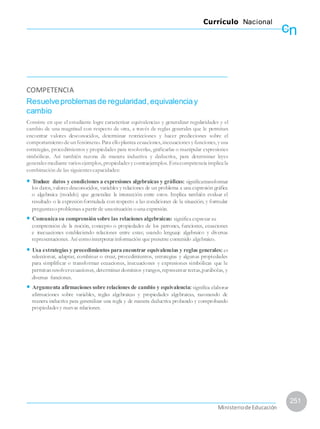 cn
Currículo Nacional
COMPETENCIA
Resuelveproblemasde regularidad, equivalenciay
cambio
Consiste en que el estudiante logre caracterizar equivalencias y generalizar regularidades y el
cambio de una magnitud con respecto de otra, a través de reglas generales que le permitan
encontrar valores desconocidos, determinar restricciones y hacer predicciones sobre el
comportamientode unfenómeno.Para elloplantea ecuaciones,inecuacionesy funciones,y usa
estrategias, procedimientosy propiedades para resolverlas, graficarlas o manipular expresiones
simbólicas. Así también razona de manera inductiva y deductiva, para determinar leyes
generalesmediante variosejemplos,propiedadesy contraejemplos. Estacompetencia implica la
combinación de las siguientescapacidades:
• Traduce datos y condiciones a expresiones algebraicas y gráficas: significatransformar
los datos,valoresdesconocidos, variables y relaciones de un problema a una expresión gráfica
o algebraica (modelo) que generalice la interacción entre estos. Implica también evaluar el
resultado o la expresiónformulada con respecto a las condiciones de la situación; y formular
preguntasoproblemasa partir de unasituación ouna expresión.
• Comunica su comprensión sobre las relaciones algebraicas: significa expresar su
comprensión de la noción, concepto o propiedades de los patrones, funciones, ecuaciones
e inecuaciones estableciendo relaciones entre estas; usando lenguaje algebraico y diversas
representaciones. Así comointerpretar información que presente contenido algebraico.
• Usa estrategias y procedimientos paraencontrar equivalencias y reglas generales: es
seleccionar, adaptar, combinar o crear, procedimientos, estrategias y algunas propiedades
para simplificar o transformar ecuaciones, inecuaciones y expresiones simbólicas que le
permitanresolverecuaciones, determinar dominios yrangos,representar rectas,parábolas, y
diversas funciones.
• Argumenta afirmaciones sobre relaciones de cambio y equivalencia: significa elaborar
afirmaciones sobre variables, reglas algebraicas y propiedades algebraicas, razonando de
manera inductiva para generalizar una regla y de manera deductiva probando y comprobando
propiedadesy nuevas relaciones.
251
MinisteriodeEducación
 