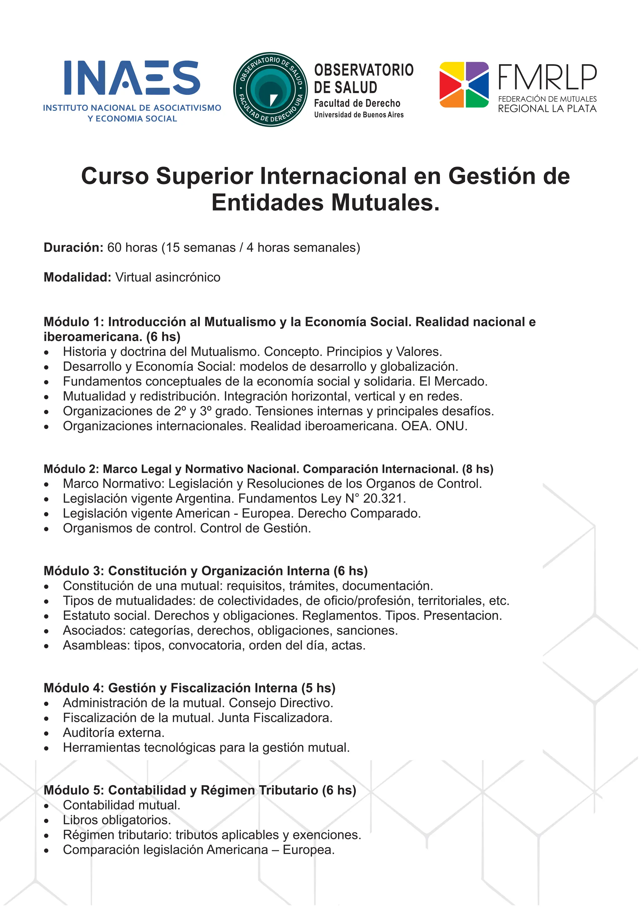 PROGRAMA DEL CURSO SUPERIOR INTERNACIONAL EN GESTIÓN DE MUTUALES