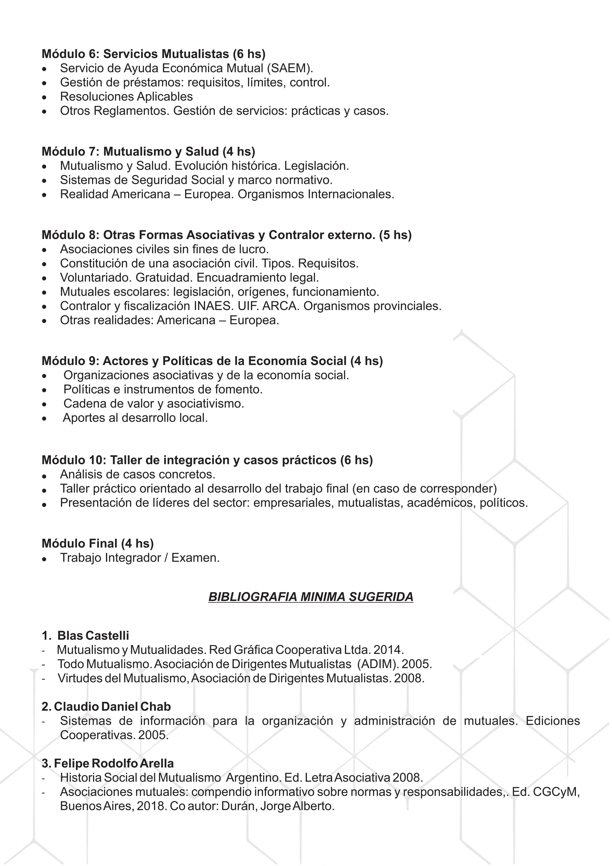 PROGRAMA DEL CURSO SUPERIOR INTERNACIONAL EN GESTIÓN DE MUTUALES