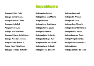 Bodegas colaboradoras
Bodegas Pablo Padín            Bodegas Aguiuncho          Bodegas Agnusdei
Bodega Castro Baroña           Bodega Pazo San Mauro      Bodegas Gil Armada
Bodegas Martín Códax           Adegas Arousa              Bodegas As Laxas
Bodegas Carballal              Bodega Pazo de Galegos     Bodegas Don Olegario
Adegas Paco&Lola               Bodegas Terras Gauda       Bodegas Gerardo Méndez
Bodega Mar de Frades           Bodegas Valdamor           Bodega Bouza do Rei
Bodegas Palacio de Fefiñanes   Bodegas Coto Redondo       Bodega Lagar de Costa
Bodega Pazo de Señoráns        Bodegas Santiago Ruíz      Bodega Veiga Serantes
Adegas Pazos de Lusco          Adega Condes de Albarei    Bodega Viña Blanca del S.
Adega Eidos Viticultores       Bodegas Agro de Bazán      Adegas Valmiñor
Bodegas Tomada de Castro       Bodega Bouza de Carril     Bodega Zárate
                               Bodegas Señorío da Torre
 