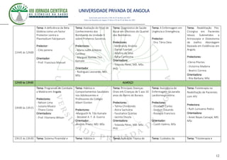 UNIVERSIDADE PRIVADA DE ANGOLA
12
Autorizado pelo Decreto no28/ de 07 de Maio de 2007
Diário da República de Angola 1º Série no55 de 07 de Maio de 2007
11h45 ás 12h00
Tema: A deficiência da Beta
Globina como um factor
Protector contra o
Plasmodium Falciparum.
Prelector:
- Cilio pereira
Orientador:
- Prof. Francisco Manuel
Tema: Avaliação do Nível de
Conhecimento dos
Bombeiros da Unidade X
sobre Primeiros Socorros.
Prelectores:
- Maria Judth António
Cardoso
- Marguet Natilde Tito
Kamate
Orientador
- Rodrigues Leonardo, MD.
MSc
Tema: Diagnóstico de Saúde
Bucal em Efectivos do Quartel
dos Bombeiros.
Prelectores:
- Idelbrandy Arsénio
- Daniel Fuentes
- Adelina da Silva
- Kátia Camboma
Orientadora:
- Yolanda Pérez, MD. MSc.
PhD
Tema: A Enfermagem em
Urgência e Emergência.
Prelector:
- Dra. Tânia Deia
Tema: Reabilitação Pós-
Cirúrgica em Pacientes
Idosos Submetidos a
Artroscopia e Osteotomia
de Joelho: Abordagem
Baseada em Evidências em
Angola
Prelectores:
-Clenia Pilartes
- Victorina Madeira
- Beatriz Correia
Orientadora:
- Rita Bárbara, MSc
12h00 às 13h00 ALMOÇO
13h00 às 13h15
Tema: Programas de Combate
a Malária em Angola.
Prelectores:
- Nelson Lima
- Jussara Muaco
- Thiara Costa
Orientadora:
- Prof. Filomena Wilson
Tema: Hábitos e
Comportamentos Saudáveis
nos Adolescentes e
Professores do Colégio
Albert Eisnten
Prelectores:
-Margueth N. Tito Kamate
- Bezaleel A. F. A. Guerra
Orientador:
-Andrés Prieto, MD. MSc
Tema: Principais Doenças
Orais em Crianças de 5 aos 10
anos do Bairro do Buraco.
Prelectores:
- Telma Chindondo
- Alzira Sachuma
- Faustialice Quintas
- Jacinta Divuila
Orientadora:
- Yolanda Pérez, MD. MSc.
PhD
Tema: Assistência de
Enfermagem na parada
cardiorrespiratória.
Prelectores:
- Elizabeth Carlos
- Godson Eduardo
- Rossana Francisco
Orientador:
- Lizeth Valério, MSc
Tema: Fisioterapia na
Reabilitação de Pacientes
com HIV.
Prelectora:
- Ruth Lumueno Pedro
Orientadora:
- Aniet Reyes Carvajal, MD.
MSc
13h15 ás 13h30 Tema: Sistema Piramidal e Tema: Hábitos e Tema: Aplicação Tópica de Tema: Cuidados da Tema: "Fisioterapia e
 
