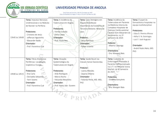 UNIVERSIDADE PRIVADA DE ANGOLA
14
Autorizado pelo Decreto no28/ de 07 de Maio de 2007
Diário da República de Angola 1º Série no55 de 07 de Maio de 2007
13h45 ás 14h00
Tema: Impulsos Nervosos
Unidirecionais e os Nódulos
de Ranvier na Periferia.
Prelectores:
- Cristiano de Jesús
- Jefferson Agostinho
- Mavander Baião
Orientador:
- Prof. Florentino Cué
Tema: A incidência da
Tuberculose em Angola.
Prelectores:
- Yamba Estevão
- Otilia Cawie
Orientador:
- Prof. Paulo Ney
Tema: Cisto Dentígero em
Ângulo Mandibular.
Importância da Exodontia de
Terceiros Molares: Relato de
caso.
Prelector:
- Jesús Bondoso
Orientador:
- Rafael Vicente
Tema: Incidência da
Tuberculose em Paciente
na Medicina Interna do
Complexo Hospitalar de
Doenças Cardio-pulomar
Cardeal Dom Alexandre do
Nascimento, no 1º
Semestre de 2024.
Prelector:
- Alberto Cawanga
Orientadora:
- Dra. Mangani Bala
Tema: O papel do
farmacêutico hospitalar na
equipa multidisciplinar
Prelectores:
- Edza D. Pereira Afonso
- Hélia V. N. Domingos
- Luís F. José Augusto
Orientador:
- André Pedro Neto, MD.
PhD
14h00 ás 14h15
Tema: Fibras Amilénicas
Periféricas: Localização,
trajetória e função.
Prelectores:
- Ana Carla
- Dorivaldo Sebastião
- Yann Soares
Orientador:
- Prof. Florentino Cué
Tema: Situação
Epidemiológica da
Tuberculose em Angola
Prelectores:
- Arão Rodrigues
- Márcia Rocha
- Felizarda Alexandra
Orientador:
- Prof. Pedro Van- Duném
Tema: Saúde Bucal nas
Classes menos favorecidas.
Prelector:
- Lianny Mendes
- Zayana Oliveira
Orientador:
- Yolanda Pérez, MD. MSc.
PhD
Tema: Cuidados de
Enfermagem Prestados à
Paciente Politraumatizado
na U.T.I no Hospital Josina
Machel, no 1º Semestre
de 2024.
Prelectora:
- Dicelma Gonçalves
Orientadora:
- Dra. Mangani Bala
 