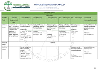 UNIVERSIDADE PRIVADA DE ANGOLA
23
Autorizado pelo Decreto no28/ de 07 de Maio de 2007
Diário da República de Angola 1º Série no55 de 07 de Maio de 2007
CURSOS PRÉ-JORNADA
02/07/2024
Manhã /
Tarde
Anfiteatro
(Lançamento de
Livro)
Sala 1 (Medicina) Sala 2 (Medicina) Sala 3 (Medicina) Sala 4 (Enfermagem) Sala 5 (Farmacologia) Laboratório de
Fisioterapia (Fisioterapia)
10h00 às
12h00
Lançamento do
livro “CULTIVANDO
A CONFIANÇA: Guia
Completo para
Maximizar o
Desempenho
Sexual Masculino
de forma Natural”
Drenagem Pleural
(Teórico e Prático)
Professores:
- Jesus de Armas.
MD. MSc
-Rodrigues
Leonardo. MD. MSc
-Álvaro Pedro MD.
MSc
Ventilação Mecânica em
Emergências Médicas
(Teórico e Prático)
Professor:
- Berardo Barceló
Tellería, MD. MSc
Eletrocardiografia
Básica para o Clínico
Geral (Teórico e
Prático)
Professor:
- Tomás Mendes,
MD. MSc
Manejo de Feridas
Infectadas, Curativos
Interativos.
Professores:
- Dra. Alice Mendes
- Dra. Nicole
Mangani
Manipulação de
Citostáticos
Professor:
- Dra. Violeta
Chimuco
Ventilação Mecânica Não
Invasiva: Indicações e
Aplicações (Teoria e
Prática)
Professora:
- Rita Bárbara, MSc
12h00 ás
13h00
ALMOÇO
13h00 ás
16h00
Manejo de Via Aérea
Difícil (Teórico e
Prático)
Professores:
- Berardo Barceló
Tellería. MD. MSc
- Rodrigues
Leonardo. MD. MSc
Fundamentos da
Prescrição Médica e
Antibioticoterapia.
Professor:
- Fernando Kuatoco,
MSc
Raciocínio Clínico para
Fisioterapeutas.
Professor:
- Dr. José Faria
 