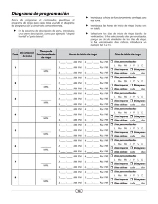 Presione + o – para programar el mes (M),
después presione SIGUIENTE (NEXT) para
seleccionar y programar el día (D), después el
año (YYYY).
T
2
W
3
TH
4
F
5
S
6
SU
7
M
1
M D Y Y Y Y
AM
BACK OFF ON NEXT
FECHA
 