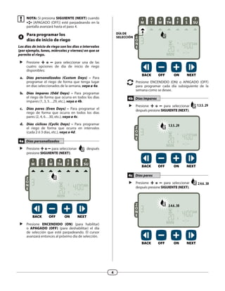 Presione la tecla AUTOMÁTICO (AUTO) para
retomar el funcionamiento normal cuando
la programación se haya completado y para
supervisar el riego activo.
bb NOTA: A menos que la tecla APAGADO (OFF)
esté presionada, el controlador revertirá al
modo AUTOMÁTICO (AUTO) por defecto
después de 10 minutos, si no ocurre ninguna
actividad de programación (presiones de
teclas) durante ese tiempo.
En modo automático (Auto):
La pantalla muestra la hora, fecha y día de la semana
actuales:
T
2
W
3
TH
4
F
5
S
6
SU
7
M
1
M D Y Y Y Y
PM
Durante el riego:
La pantalla muestra un símbolo de aspersor
parpadeando, el número de la zona activa y el
tiempo de funcionamiento del riego que queda
para esa zona.
Z
O
N
E
MIN
BACK OFF ON NEXT
Zona
Tiempo de
funcion-
amiento
 