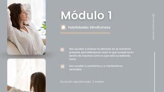 Nos ayudan a enfocar la atención en el momento
presente, permitiéndonos notar lo que sucede tanto
dentro de nosotros como lo que está sucediendo
fuera.
Nos ayudan a centrarnos y a mantenernos
centrados
Duración aproximada: 2 meses
Habilidades Mindfulness
@conecta.psicoterapia
 