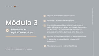 Duración aproximada: 3 meses
Habilidades de
regulación emocional
Mejorar el control de las emociones
Entender y etiquetar las emociones
Cambio de respuesta emocional: nos ayuda a
reducir la intensidad de las emociones dolorosas o
no deseadas y a cambiar las situaciones que
provocan emociones dolorosas o no deseadas
Reducir la vulnerabilidad ante la mente emocional
y aumentar la capacidad de recuperación
emocional
Manejar emociones realmente difíciles
@conecta.psicoterapia
 