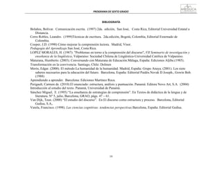 10
6
PROGRAMA	
  DE	
  SEXTO	
  GRADO	
  
	
  
	
  
	
  
	
  
BIBLIOGRAFÍA	
  
	
  
Bolaños, Bolívar. Comunicación escrita. (1997) 2da. edición, San José, Costa Rica, Editorial Universidad Estatal a
Distancia.
Cerro Robles, Leandro. (1999)Técnicas de escritura. 2da.edición, Bogotá, Colombia, Editorial Externado de
Colombia.
Cooper, J.D. (1990) Cómo mejorar la comprensión lectora. Madrid, Visor.
Pedagogía del Aprendizaje.San José, Costa Rica.
LOPEZ MORALES, H. (1987): "Problemas en torno a la comprensión del discurso", VII Seminario de investigación y
enseñanza de la lingüística, Valparaíso: Sociedad Chilena de Lingüística-Universidad Católica de Valparaíso.
Maturana, Humberto. (2003). Conversando con Maturana de Educación.Málaga, España: Ediciones Aljibe.(1985).
Transformación en la convivencia. Santiago, Chile: Dolmen
Morín, Edgar. (2000). El método:La humanidad de la humanidad. Madrid, España: Grupo Anaya. (2001). Los siete
saberes necesarios para la educación del futuro. Barcelona, España: Editorial Paidós.Novak D Joseph., Gowin Bob.
(1988)
Aprendiendo a aprender. Barcelona: Ediciones Martínez Roca.
Perigault, Carmen de. (2010) El enunciado: estructura, análisis y puntuación. Panamá: Editora Novo Art, S.A. (2004)
Introducción al estudio del texto. Panamá, Universidad de Panamá.
Sánchez Miguel, E. (1995) “La enseñanza de estrategias de comprensión”. En Textos de didáctica de la lengua y de
literatura. Nº 5, julio, Barcelona, GRAO, págs. 47 – 61.
Van Dijk, Teun. (2000) “El estudio del discurso”. En El discurso como estructura y proceso. Barcelona, Editorial
Gedisa, S.A,.
Varela, Francisco. (1998). Las ciencias cognitivas: tendencias perspectivas.Barcelona, España: Editorial Gedisa.
 
