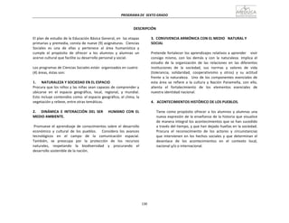 PROGRAMA	
  DE	
   SEXTO	
  GRADO	
  
130	
  
	
  
	
  
	
  
	
  
DESCRIPCIÓN	
  
	
  
El	
  plan	
  de	
  estudio	
  de	
  la	
  Educación	
  Básica	
  General,	
  en	
  	
  las	
  etapas	
  
primarias	
  y	
  premedia,	
  consta	
  de	
  nueve	
  (9)	
  asignaturas.	
  	
  Ciencias	
  
Sociales	
  	
  es	
  	
  una	
  	
  de	
  	
  ellas	
  	
  y	
  	
  pertenece	
  	
  al	
  	
  área	
  	
  humanística	
  	
  y	
  
cumple	
   el	
   propósito	
   de	
   ofrecer	
   a	
   los	
   alumnos	
   y	
   alumnas	
   un	
  
acervo	
  cultural	
  que	
  facilite	
  su	
  desarrollo	
  personal	
  y	
  social.	
  
	
  
Los	
  programas	
  de	
  Ciencias	
  Sociales	
  están	
  	
  organizados	
  en	
  cuatro	
  
(4)	
  áreas,	
  éstas	
  son:	
  
	
  
1. NATURALEZA	
  Y	
  SOCIEDAD	
  EN	
  EL	
  ESPACIO	
  
Procura	
  que	
  los	
  niños	
  y	
  las	
  niñas	
  sean	
  capaces	
  de	
  comprender	
  y	
  
ubicarse	
  	
  en	
  	
  el	
  	
  espacio	
  	
  geográfico,	
  	
  local,	
  	
  regional,	
  	
  y	
  	
  mundial.	
  
Esto	
  incluye	
  contenidos	
  como:	
  el	
  espacio	
  geográfico,	
  el	
  clima,	
  la	
  
vegetación	
  y	
  relieve,	
  entre	
  otras	
  temáticas.	
  
	
  
2.	
   	
   	
   DINÁMICA	
   E	
   INTERACCIÓN	
   DEL	
   SER	
   	
   	
   HUMANO	
   CON	
   EL	
  
MEDIO	
  AMBIENTE.	
  
	
  
Promueve	
   el	
   aprendizaje	
   de	
   conocimientos	
   sobre	
   el	
   desarrollo	
  
económico	
   y	
   cultural	
   de	
   los	
   pueblos.	
   	
   	
   Considera	
   los	
   avances	
  
tecnológicos	
   	
   en	
   	
   el	
   	
   campo	
   	
   de	
   	
   la	
   	
   comunicación	
   	
   espacial.	
  
También,	
   se	
   preocupa	
   por	
   la	
   protección	
   de	
   los	
   recursos	
  
naturales,	
   	
   respetando	
   	
   la	
   	
   biodiversidad	
   	
   y	
   	
   procurando	
   	
   el	
  
desarrollo	
  sostenible	
  de	
  la	
  nación.	
  
3.	
   CONVIVENCIA	
  ARMÓNICA	
  CON	
  EL	
  MEDIO	
  	
   NATURAL	
  Y	
  
SOCIAL	
  
	
  
Pretende	
  fortalecer	
  los	
  aprendizajes	
  relativos	
  a	
  aprender	
  	
  	
  	
  vivir	
  
consigo	
   mismo,	
   con	
   los	
   demás	
   y	
   con	
   la	
   naturaleza.	
   Implica	
   el	
  
estudio	
   de	
   la	
   organización	
   de	
   las	
   relaciones	
   en	
   las	
   diferentes	
  
instituciones	
   de	
   la	
   sociedad,	
   sus	
   normas	
   y	
   valores	
   de	
   vida	
  
(tolerancia,	
   solidaridad,	
   cooperativismo	
   y	
   otros)	
   y	
   su	
   actitud	
  
frente	
   a	
  la	
   naturaleza.	
  	
   Uno	
   de	
   los	
  componentes	
  esenciales	
   de	
  
esta	
   área	
   se	
   refiere	
   a	
   la	
   cultura	
   y	
   Nación	
   Panameña,	
   con	
   ello,	
  
alienta	
  	
  	
  el	
  	
   fortalecimiento	
  	
  	
  de	
  	
  	
  los	
  	
   elementos	
  	
   esenciales	
  	
  	
  de	
  
nuestra	
  identidad	
  nacional.	
  
	
  
4.	
  	
  	
  ACONTECIMIENTOS	
  HISTÓRICO	
  DE	
  LOS	
  PUEBLOS.	
  
	
  
Tiene	
  como	
   propósito	
  ofrecer	
   a	
  los	
  alumnos	
  y	
   alumnas	
  una	
  
nueva	
  expresión	
  de	
  la	
  enseñanza	
  de	
  la	
  historia	
  que	
  visualice	
  
de	
  manera	
  integral	
  los	
  acontecimientos	
  que	
  se	
  han	
  sucedido	
  
a	
  través	
  del	
  tiempo,	
  y	
  que	
  han	
  dejado	
  huellas	
  en	
  la	
  sociedad.	
  
Procura	
  	
  el	
  	
  reconocimiento	
  	
  de	
  	
  los	
  	
  actores	
  	
  y	
  	
  circunstancias	
  
que	
   intervienen	
  en	
  los	
  hechos	
  sociales	
   y	
   que	
   determinan	
  el	
  
desenlace	
   de	
   los	
   acontecimientos	
   en	
   el	
   contexto	
   local,	
  
nacional	
  y/o	
  o	
  internacional.	
  
 