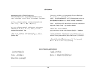 188	
  
	
  
	
  
	
  
	
  
BIBLIOGRAFÍA	
  
	
  
	
  
	
  
	
  
-­‐Bibliografía	
  utilizada	
  en	
  expresiones	
  artísticas:	
  
ÁVILA	
  SERRANO,	
  EDUARDO	
   EDUCÁNDONOS	
  ARTÍSTICAMENTE.	
  
Editora	
  Géminis,	
  S.	
  A.	
  	
  	
  	
  Primera	
  Edición.	
  Panamá.	
  1991.	
   <<Repetida>>	
  
	
  
	
  
-­‐CENTELLA,	
  HARMODIO	
  GERMÁN	
   COMPOSICIÓN	
  DECORATIVA.	
  
Editora	
  Escolar,	
  S.	
  A.	
  Panamá.	
  1982.	
   <<Repetida>>	
  
	
  
-­‐CENTELLA,	
  HARMODIO	
  GERMÁN	
   EL	
  MÓDULO	
  DE	
  LA	
  EDUCACIÓN	
  
ARTÍSTICA,	
  (1º,	
  2º	
  y	
  3º	
  año	
  –Pre	
  media).	
   Editora	
  Géminis,	
  S.	
  A.	
  
Primera	
  Edición.	
  Panamá.	
  1998.	
  
	
  
-­‐LÓPEZ	
   PALMA,	
  SANTIAGO	
   ARTE	
  TERCERO	
  (9º	
  grado).	
  I	
  Edición.	
  
Panamá.	
  1990.	
  
-­‐MACKAY	
   D.,	
  RICARDO	
  D.	
  EXPRESIONES	
  ARTÍSTICAS	
  1º	
  a	
  9º	
  grado.	
  
Susaeta	
  Ediciones,	
  S.	
  A.	
  	
  I	
  Edición.	
   Panamá.	
  
-­‐MEJÍA	
  J.,	
  DIONISIO	
   APUNTES	
  DE	
  EDUCACIÓN	
  ARTÍSTICA	
   (Distribuido	
  
por	
  Publicaciones	
  Lewis,	
  S.	
  A.),	
  IX	
  Edición,	
  Panamá.	
   <<Repetida>>	
  
	
  
-­‐MEJÍA	
  J.,	
  DIONISIO	
   GUÍA	
  DE	
  TRABAJOS	
  EN	
  EDUCACIÓN	
  ARTÍSTICA,	
  5º	
  
y	
  6º	
  Grado.	
  Editora	
  Escolar,	
  S.	
  A.	
  	
  I	
  Edición.	
   Panamá.	
  
	
  
	
  
-­‐SANTILLANA	
  	
  	
   DIBUJO	
  Y	
  PINTURA	
  
Educación	
  Artística,	
  1º	
  a	
  6º	
  grado,	
  Editorial	
  Santillana,	
  S.	
  A.	
  México.	
  
	
  
	
  
-­‐GONZÁLEZ,	
  ARMONÍA	
  	
  	
   NOCIONES	
  DE	
  CULTURA	
  MUSICAL	
  (útil	
  para	
  
todos	
  los	
  niveles),	
  Editora	
  Pérez	
  y	
  Pérez,	
  S.	
  A.	
  Panamá.	
  <<	
  Repetida>>	
  
	
  
-­‐RÉGULO,	
  RÍOS	
   INICIACIÓN	
  MUSICAL,	
  1º,	
  2º,	
  3º	
  año	
  (Pre	
  media).	
  
Panamá.	
   (Puede	
  ser	
  útil	
  en	
  primaria	
  también)	
  
	
  
	
  
	
  
	
  
	
  
DOCENTES COLABORADORES
	
  
MARÍA CÁRDENAS
IRAIDA I., GÓMEZ O.
DAMIANA I. GONZÁLEZ
HUGO ZAPATA M.
	
  
DIANA E., DE LO RÍOS DE CAJAR
 
