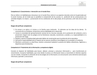 PROGRAMA	
  DE	
  SEXTO	
  GRADO	
  
16
	
  
	
  
	
  
	
  
	
  
	
  
Competencia	
  3:	
  Conocimiento	
  e	
   interacción	
  con	
  el	
  mundo	
  físico	
  
	
  
Ésta	
  se	
  refiere	
  a	
  la	
  habilidad	
  para	
  interactuar	
  con	
  el	
  mundo	
  físico,	
  tanto	
  en	
  sus	
  aspectos	
  naturales	
  como	
  en	
  los	
  generados	
  po	
  r	
  
la	
   acción	
   humana,	
  de	
   tal	
   modo	
   que	
   se	
   posibilita	
   la	
   comprensión	
   de	
   los	
  sucesos,	
   la	
  	
   predicción	
   de	
   las	
   consecuencias	
   y	
  la	
  
actividad	
  dirigida	
  a	
  la	
  mejora	
  	
   y	
  preservación	
  de	
  las	
  condiciones	
  de	
  la	
  vida	
  propia,	
  de	
  las	
  personas	
  y	
  del	
  resto	
  de	
  los	
  seres	
  
vivos.	
  
	
  
	
  
	
  
Rasgos	
  del	
  perfil	
  por	
  competencia	
  
	
  
1.	
   Se	
   conoce	
   y	
   se	
   valora	
   a	
   sí	
   mismo	
   y	
   a	
   la	
   familia	
   como	
   institución.	
  	
  	
  Es	
   tolerante	
   con	
   las	
   ideas	
   de	
   los	
   demás.	
  	
  	
  Es	
  
consciente	
  de	
  sus	
  fortalezas,	
  limitaciones	
  y	
  de	
  las	
  debilidades	
  de	
  su	
  desarrollo.	
  
2.	
   Conoce	
  la	
  necesidad	
  del	
  aprovechamiento	
  racional	
  de	
  los	
  recursos	
  naturales,	
  de	
  la	
  protección	
  del	
  ambiente	
  y	
  de	
  la	
  
prevención	
  integral	
  ante	
  los	
  peligros	
  de	
  los	
  fenómenos	
  naturales,	
  económicos	
  y	
  sociales	
  y	
  su	
  responsabilidad	
  en	
  la	
  
prevención	
  del	
  riesgo.	
  
3.	
   Respeta	
  y	
  aprecia	
  la	
  biodiversidad	
  aplicando	
  hábitos	
  de	
  conservación	
  para	
  la	
  protección	
  de	
  la	
  naturaleza.	
  
4.	
   Demuestra	
  responsabilidad	
  ante	
  el	
  impacto	
  de	
  los	
  avances	
  científicos	
  y	
  tecnológicos	
  en	
  la	
  sociedad	
  y	
  el	
  ambiente.	
  
5.	
   Mantiene	
  y	
  promueve	
  su	
  salud	
  física,	
  mental	
  y	
  emocional	
  mediante	
  la	
  práctica	
  de	
  hábitos	
  alimenticios,	
  higiénicos	
  y	
  
deportivos	
  para	
  fortalecerlas.	
  
	
  
Competencia	
  4:	
  Tratamiento	
  de	
  la	
  información	
  y	
  competencia	
  digital.	
  
	
  
Consiste	
   en	
   disponer	
   de	
   habilidades	
   para	
   buscar,	
   obtener,	
   procesar	
   y	
   comunicar	
   información	
   y	
   	
   para	
   transformarla	
   en	
  
conocimiento.	
  Incorporar	
  habilidades,	
  que	
  crean	
  desde	
  el	
  acceso	
  a	
  la	
  información	
  hasta	
  su	
  transmisión	
  en	
  distintos	
  soportes	
  
una	
  vez	
  tratado,	
  incluyendo	
  la	
  utilización	
  de	
  las	
  tecnologías	
  de	
  la	
  información	
  y	
  la	
  comunicación	
  como	
  elemento	
  esencial	
  para	
  
informarse,	
  aprender	
  y	
  comunicarse.	
  
	
  
	
  
	
  
Rasgos	
  del	
  perfil	
  por	
  competencia	
  
 